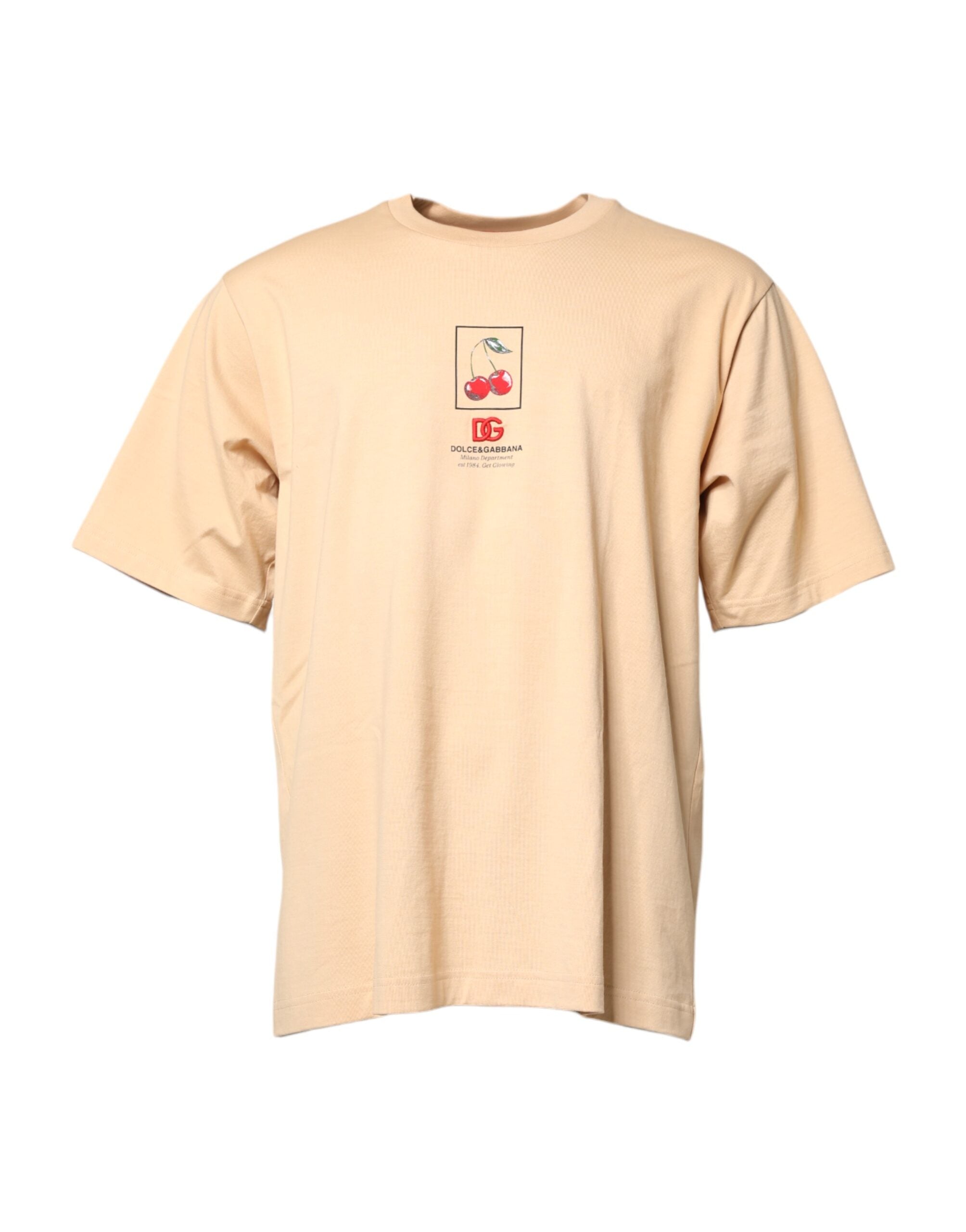 Dolce &amp; Gabbana – Beiges T-Shirt mit Rundhalsausschnitt und Logo-Print aus Baumwolle