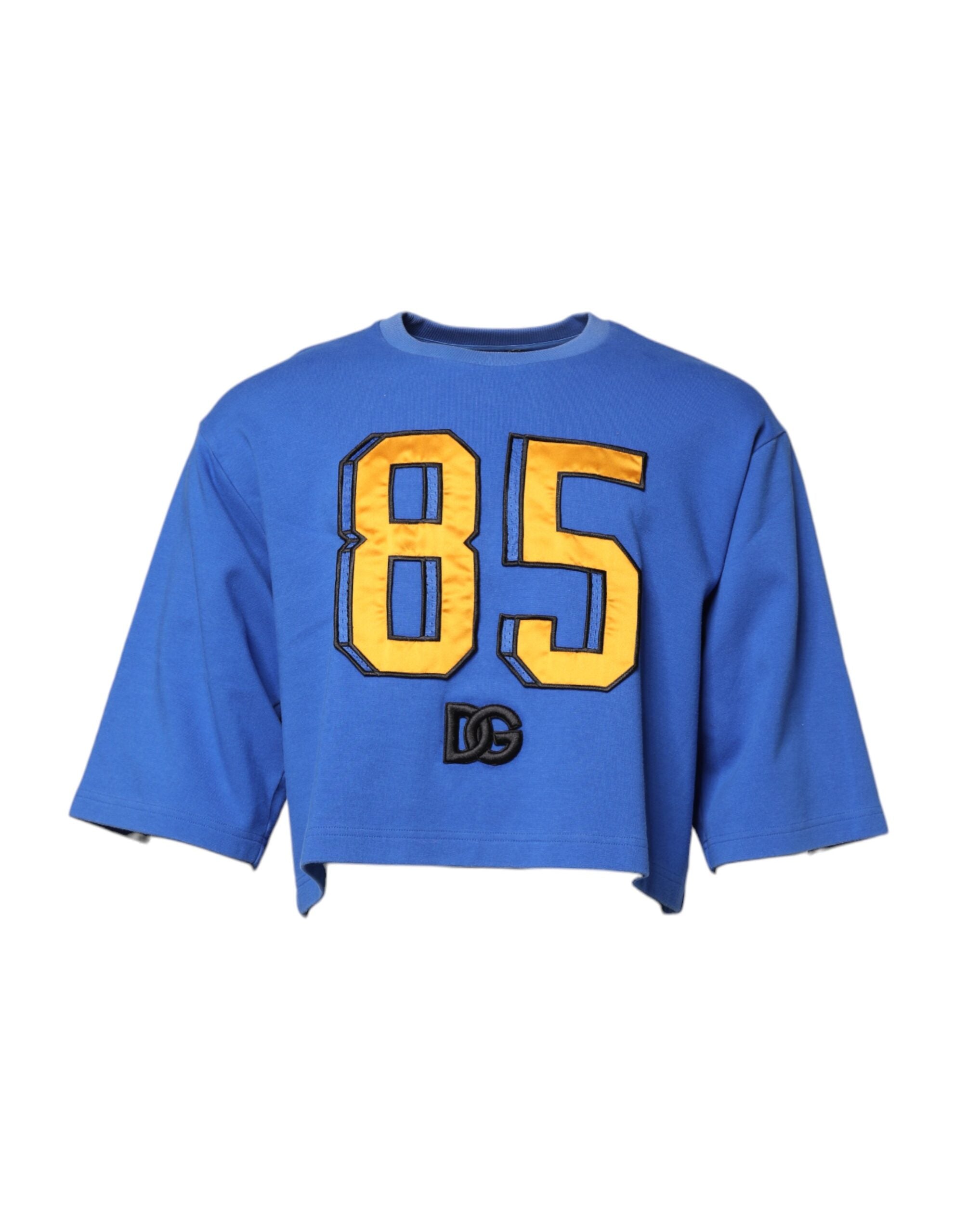 Dolce &amp; Gabbana – Kurzes T-Shirt aus Baumwolle mit Rundhalsausschnitt und Print in Blau