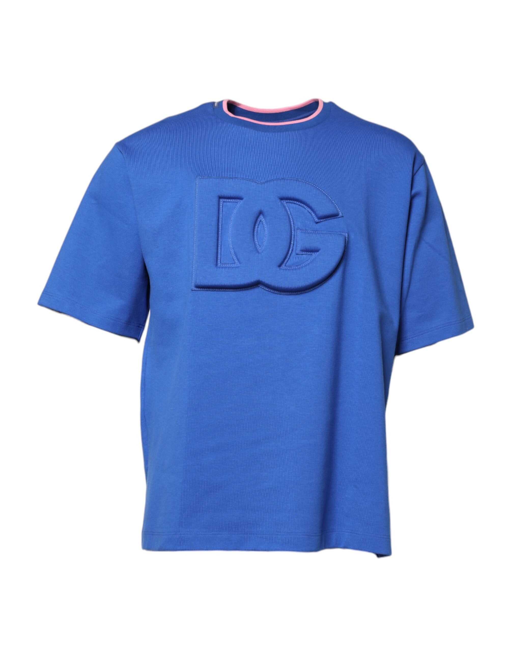 Dolce &amp; Gabbana – Blaues Baumwoll-T-Shirt mit Rundhalsausschnitt und DG-Prägung