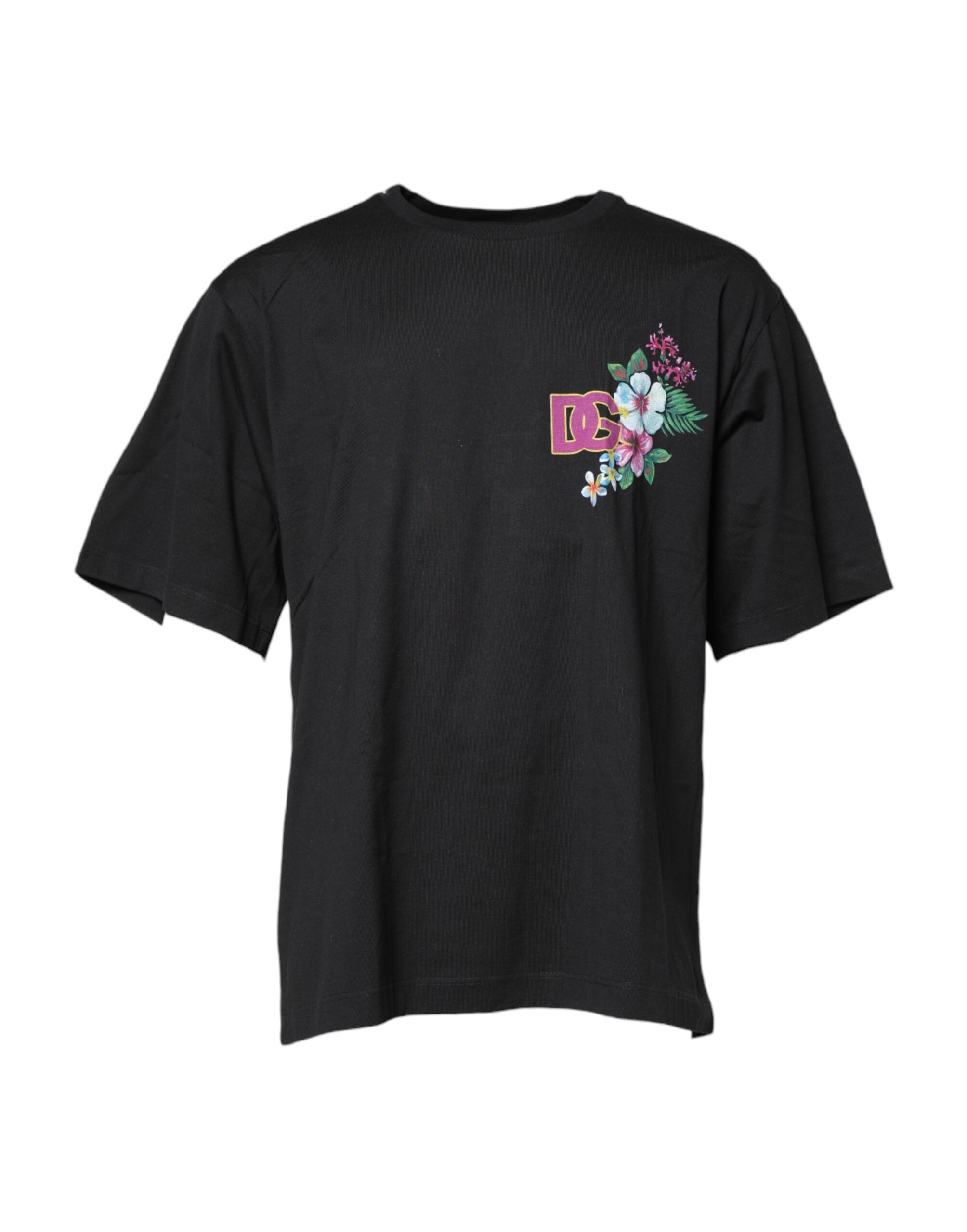 Dolce &amp; Gabbana – Schwarzes T-Shirt mit Rundhalsausschnitt und Blumenmuster „DG“