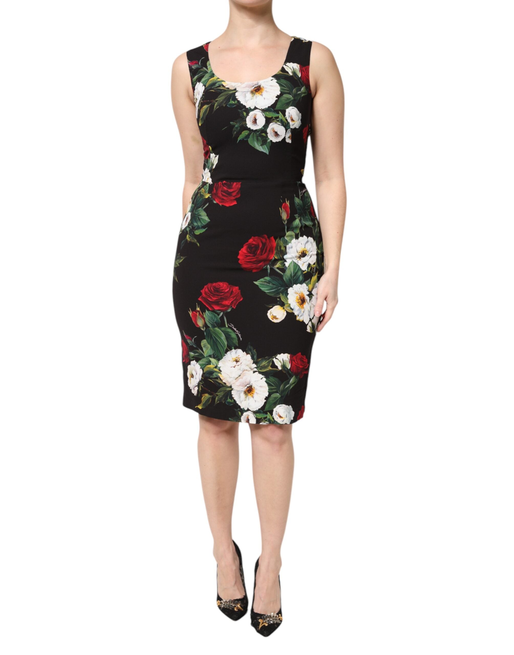 Rochie Dolce &amp; Gabbana neagră cu imprimeu floral, fără mâneci, tip șaibă