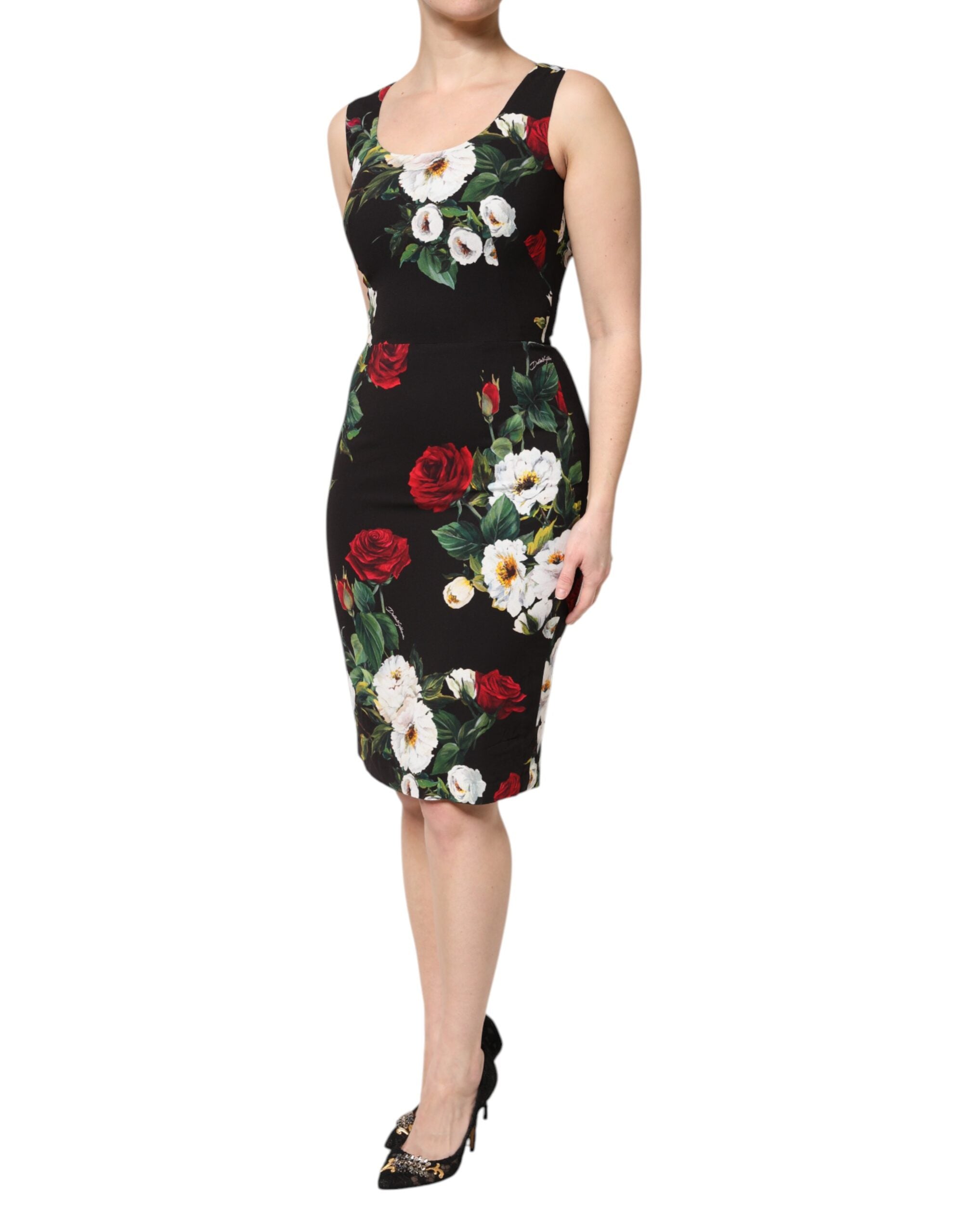 Rochie Dolce &amp; Gabbana neagră cu imprimeu floral, fără mâneci, tip șaibă