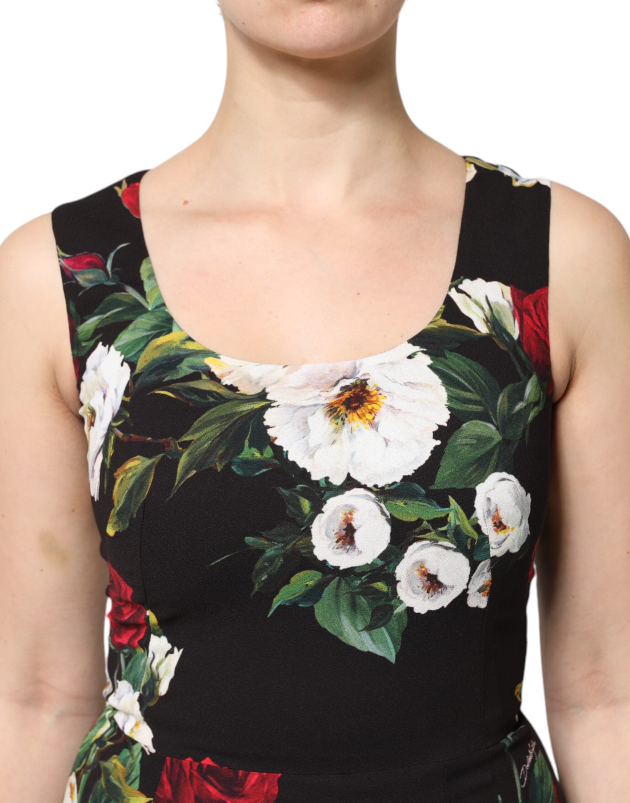 Rochie Dolce &amp; Gabbana neagră cu imprimeu floral, fără mâneci, tip șaibă