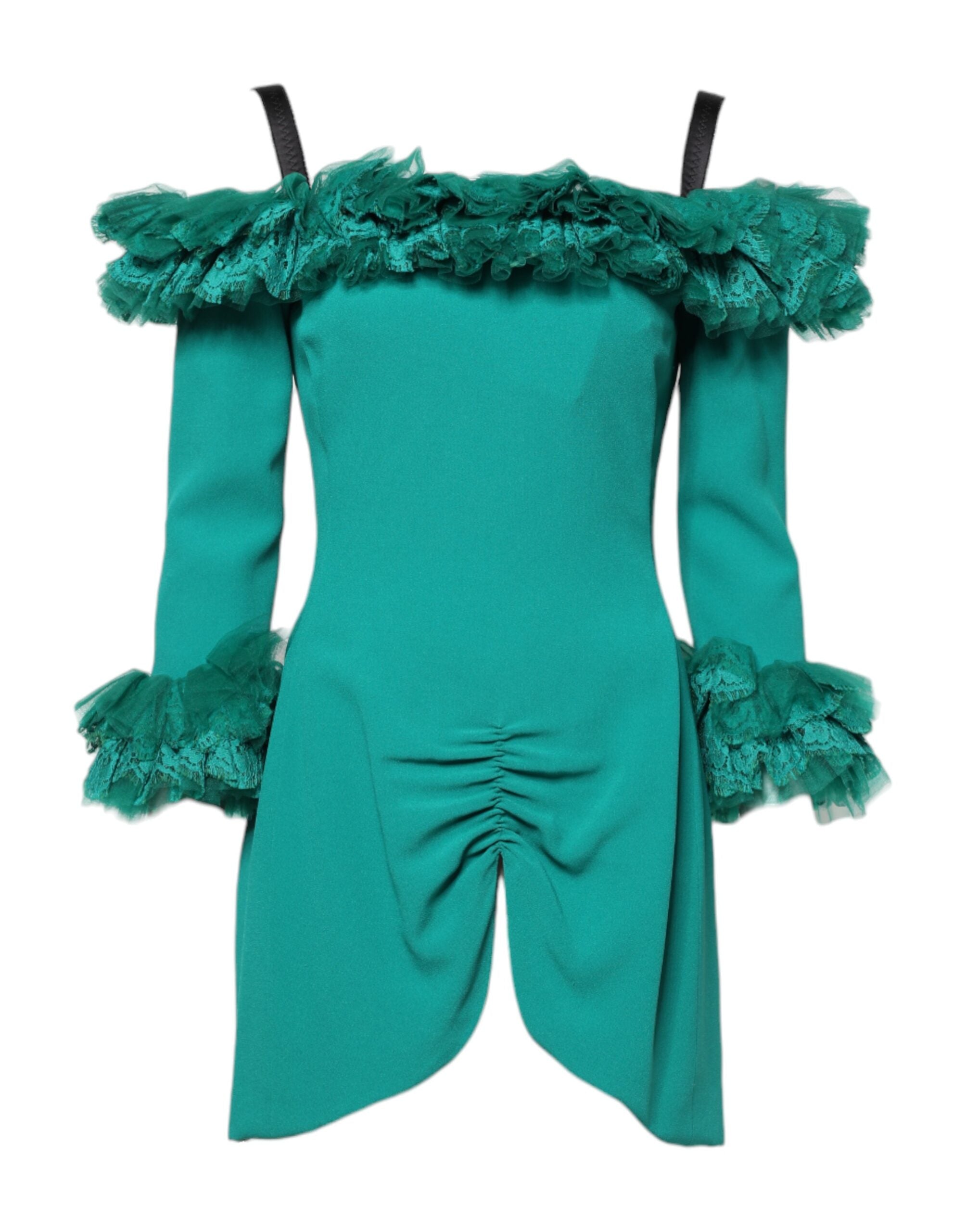 Rochie mini Dolce &amp; Gabbana verde cu umeri goi și dantelă