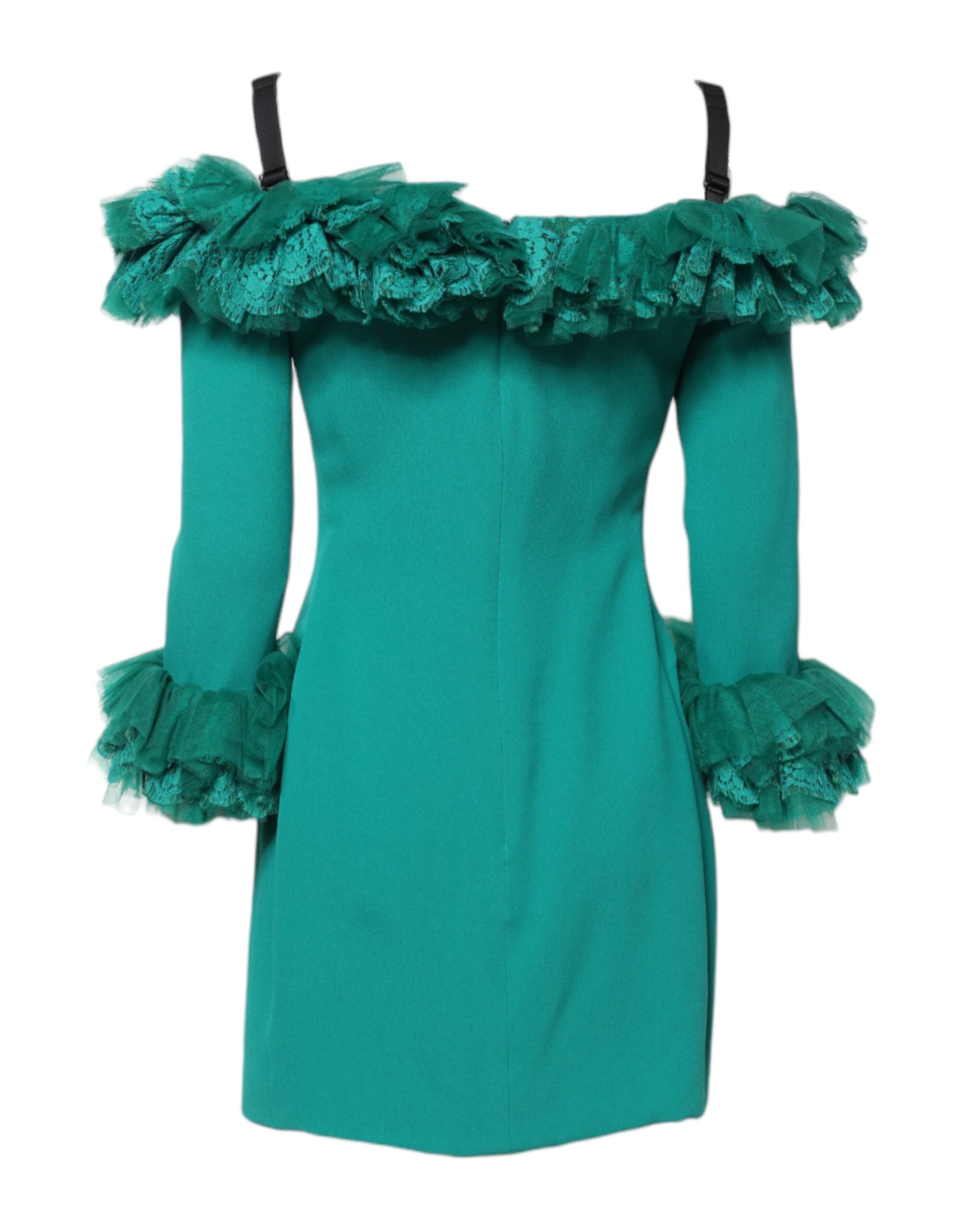 Rochie mini Dolce &amp; Gabbana verde cu umeri goi și dantelă