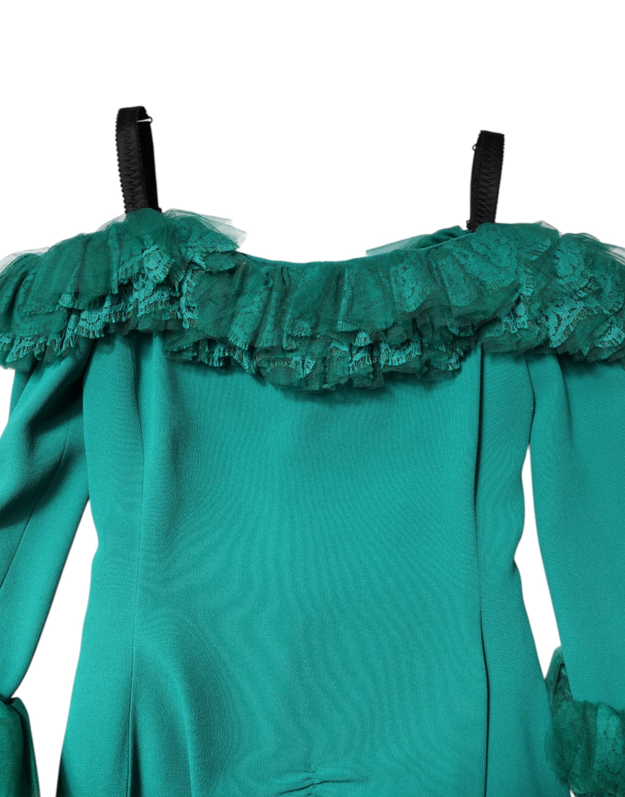 Rochie mini Dolce &amp; Gabbana verde cu umeri goi și dantelă