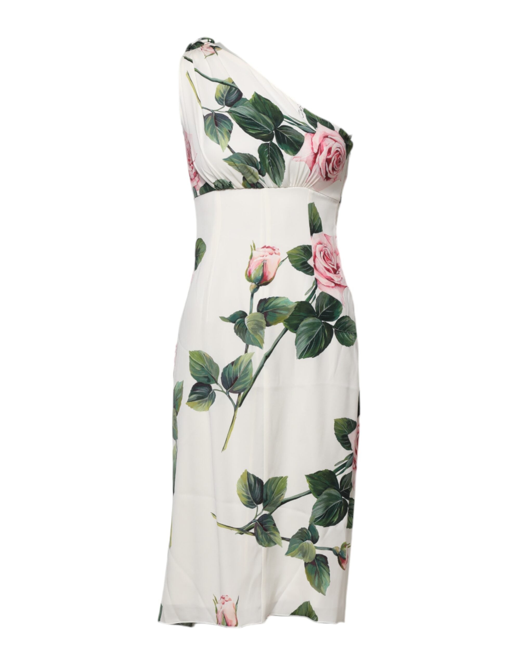 Rochie midi Dolce &amp; Gabbana albă cu imprimeu floral și un umăr