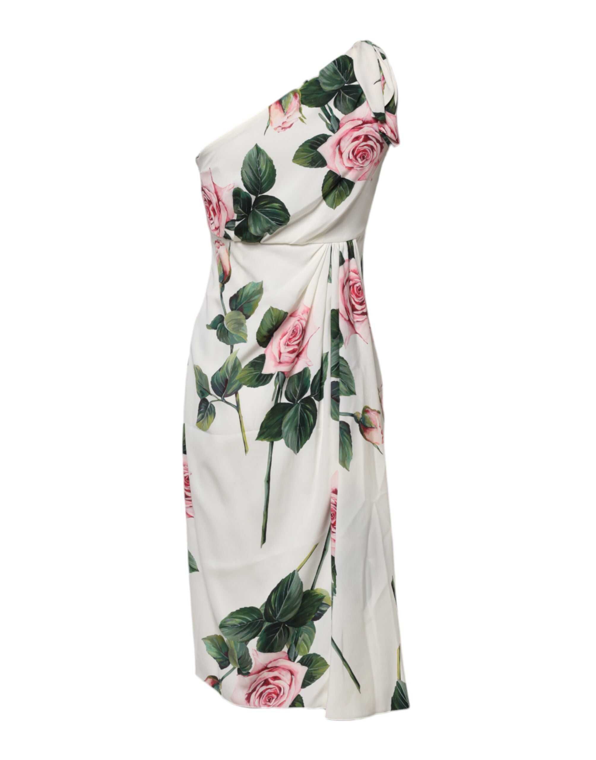 Rochie midi Dolce &amp; Gabbana albă cu imprimeu floral și un umăr