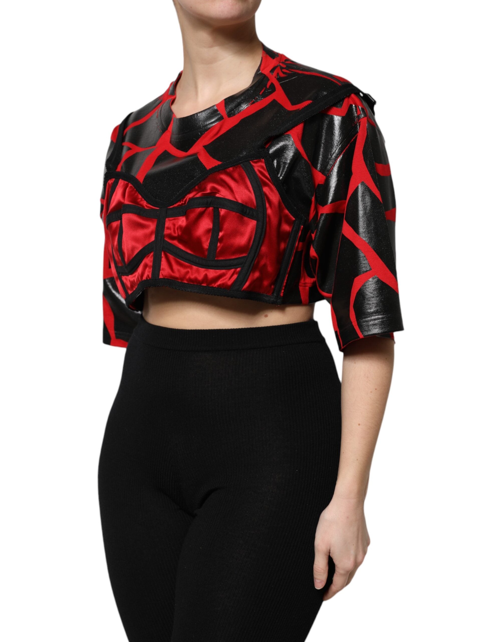 Top scurt Dolce &amp; Gabbana roșu negru din bumbac cu detalii bustier