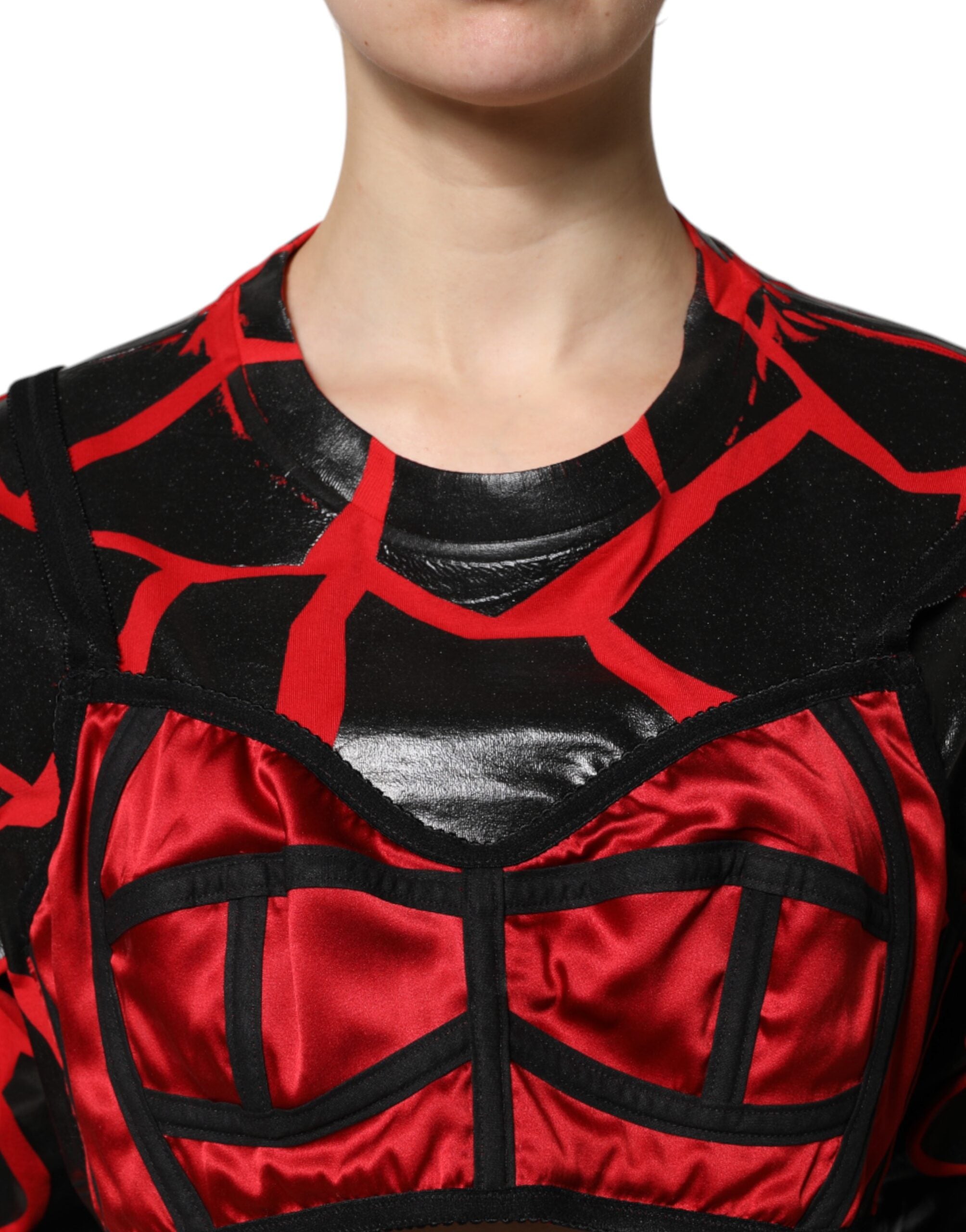 Top scurt Dolce &amp; Gabbana roșu negru din bumbac cu detalii bustier
