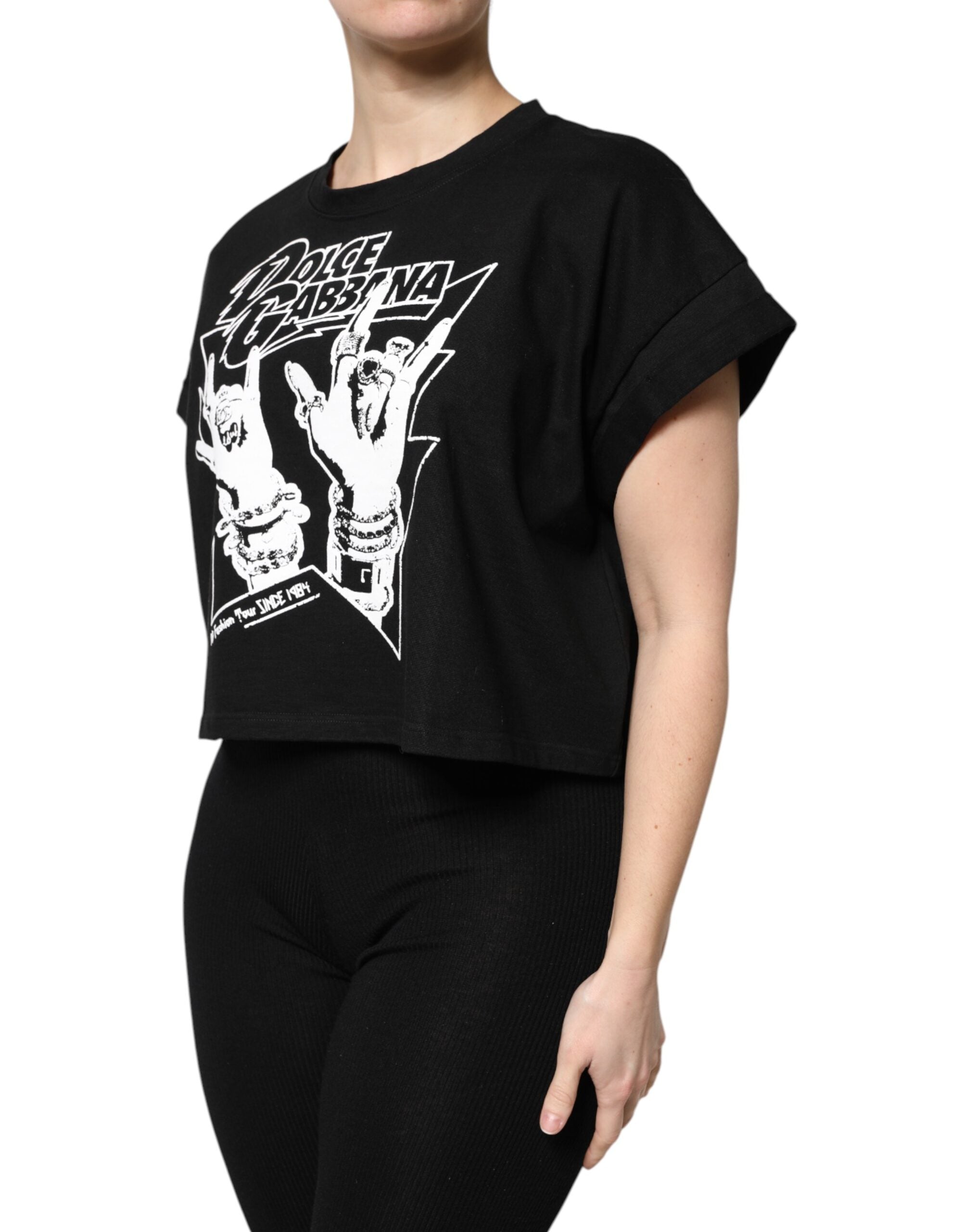 Tricou Dolce &amp; Gabbana negru din bumbac cu mânecă scurtă și imprimeu