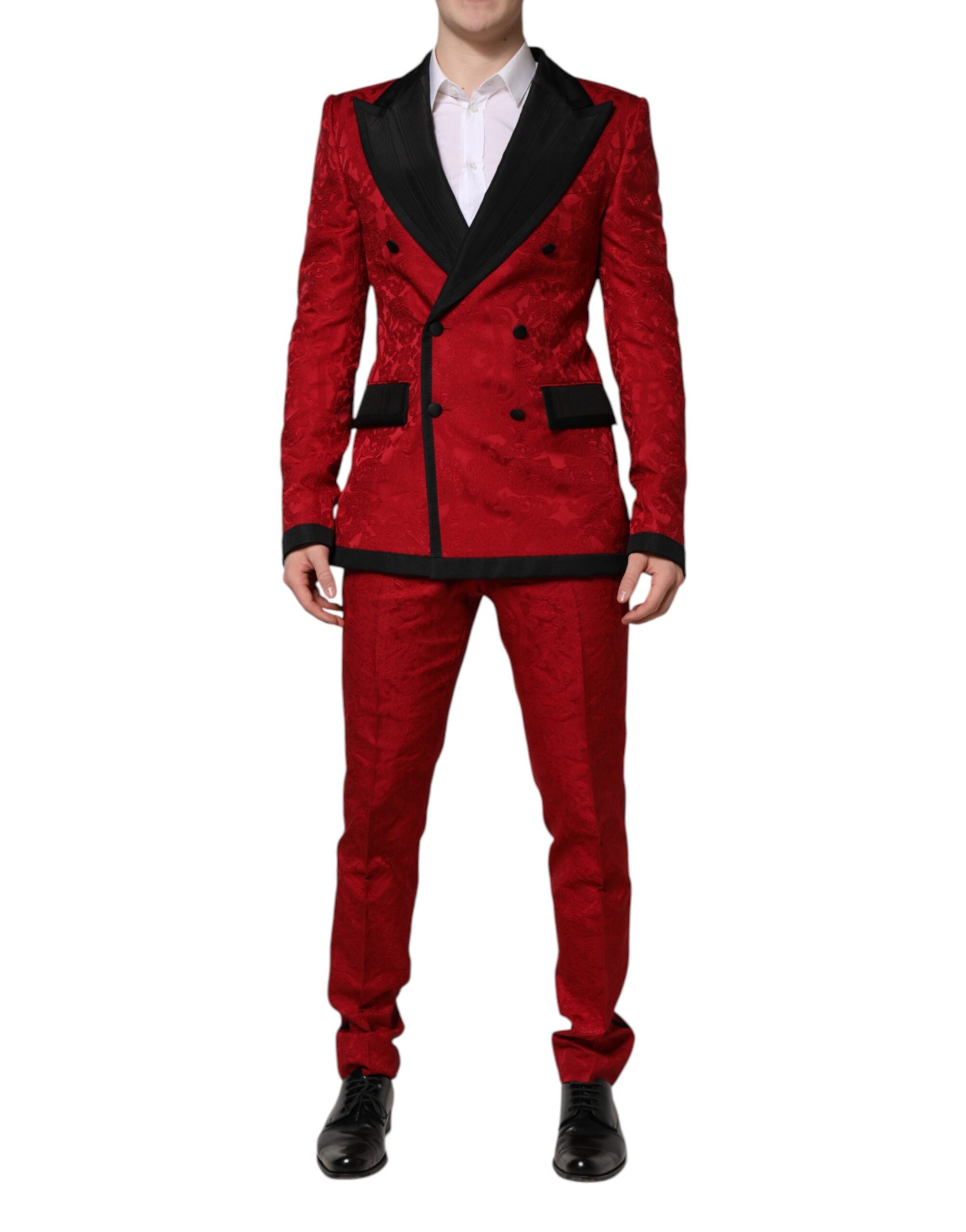 Dolce &amp; Gabbana – Zweireihiger, zweiteiliger Anzug aus Jacquard mit Blumenmuster in Rot
