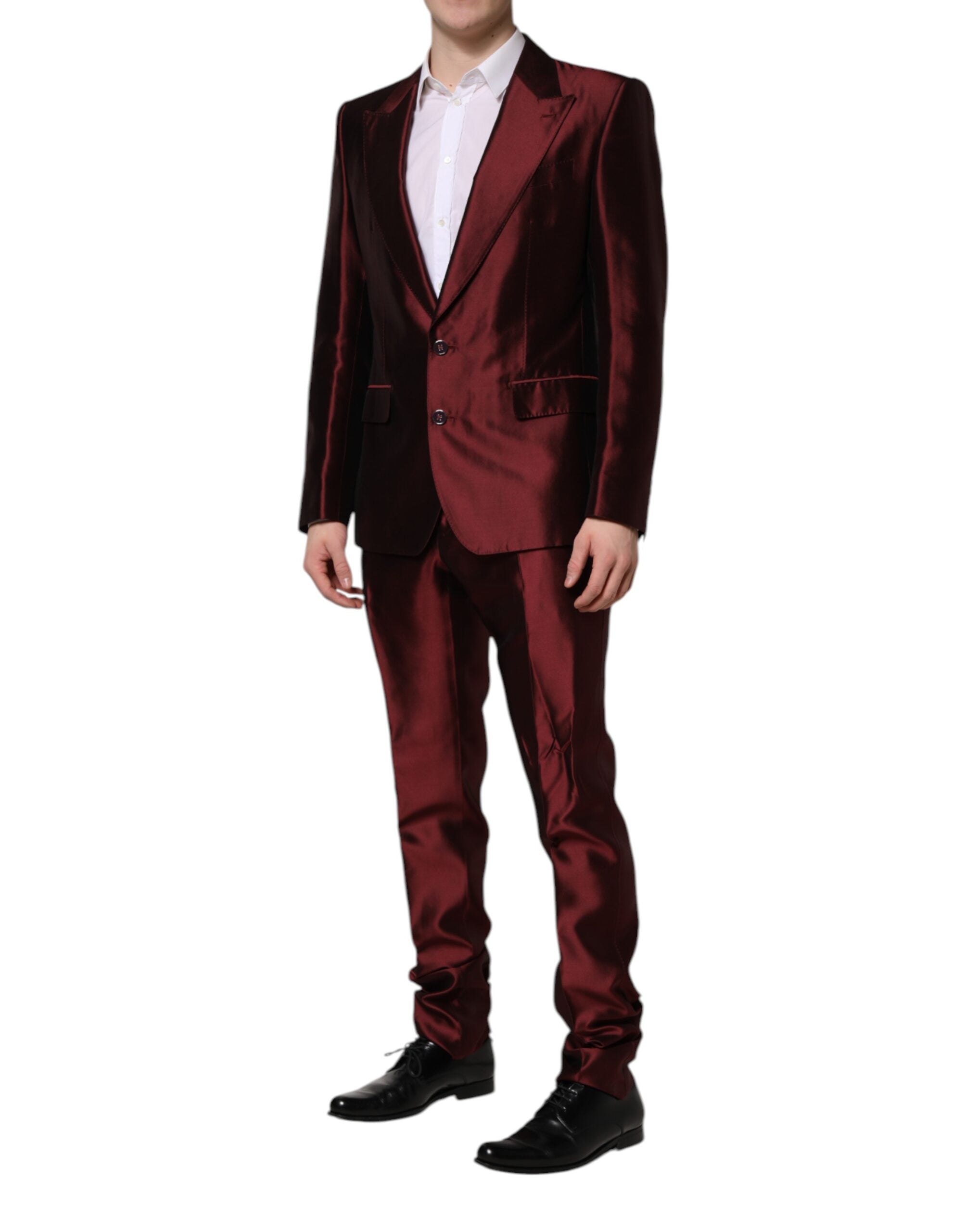 Costum Dolce &amp; Gabbana Bordeaux din mătase, cu două piese, cu un singur rând de nasturi