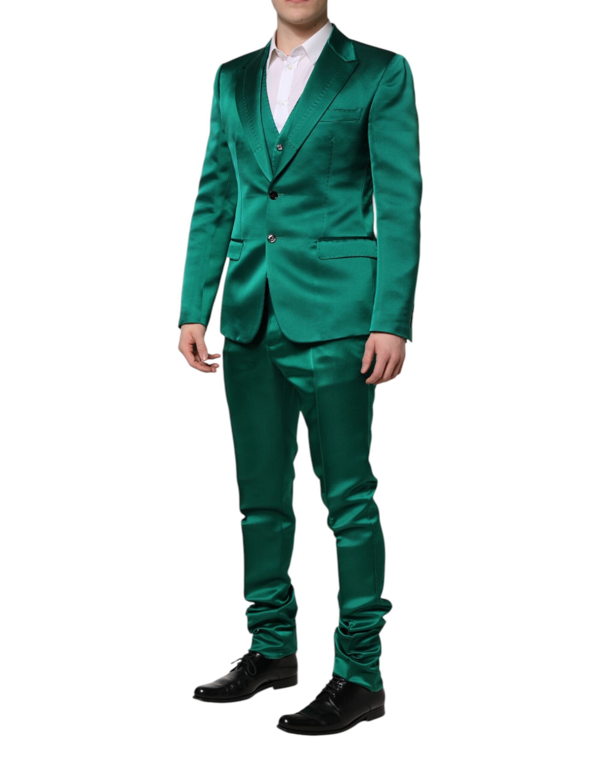 Costum Dolce &amp; Gabbana verde din mătase, 3 piese, cu un singur rând de nasturi