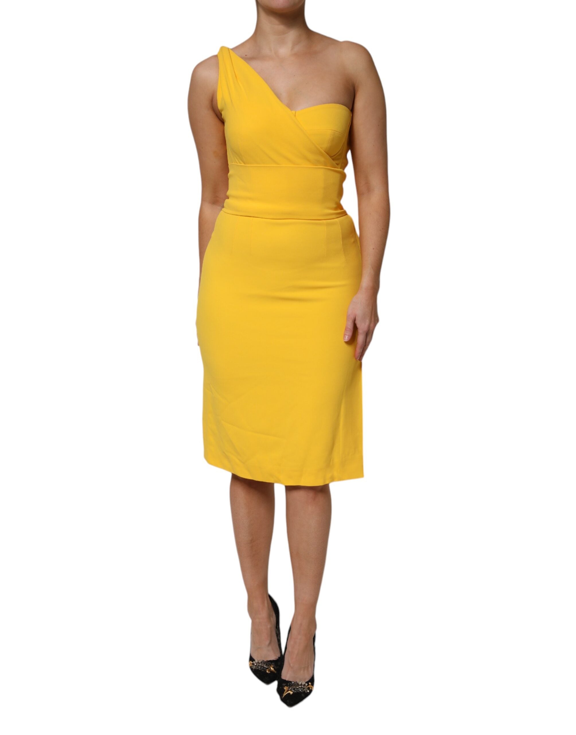 Rochie midi galbenă Dolce &amp; Gabbana cu crăpătură laterală pe un umăr