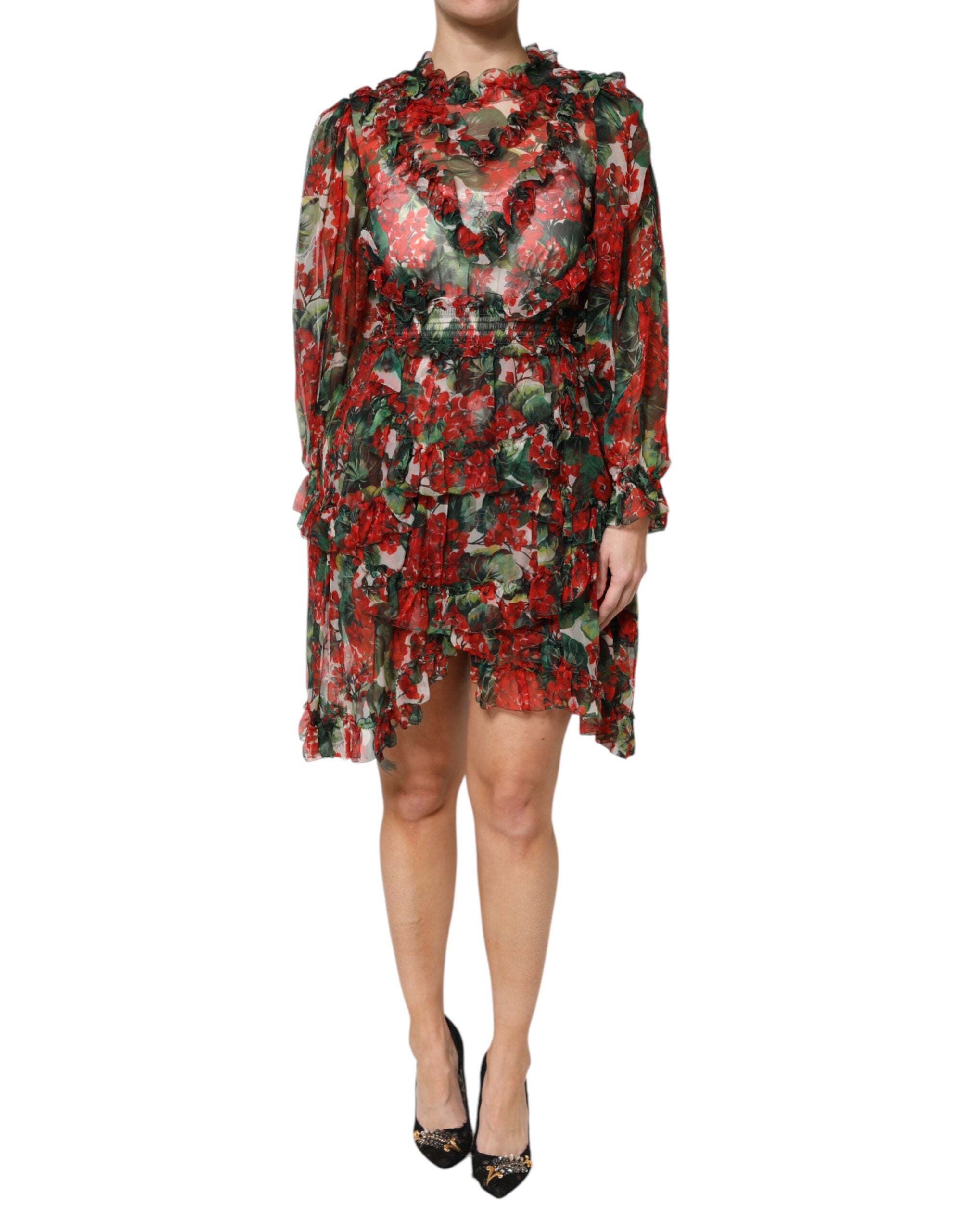 Rochie Dolce &amp; Gabbana cu mâneci lungi și imprimeu floral multicolor cu volane