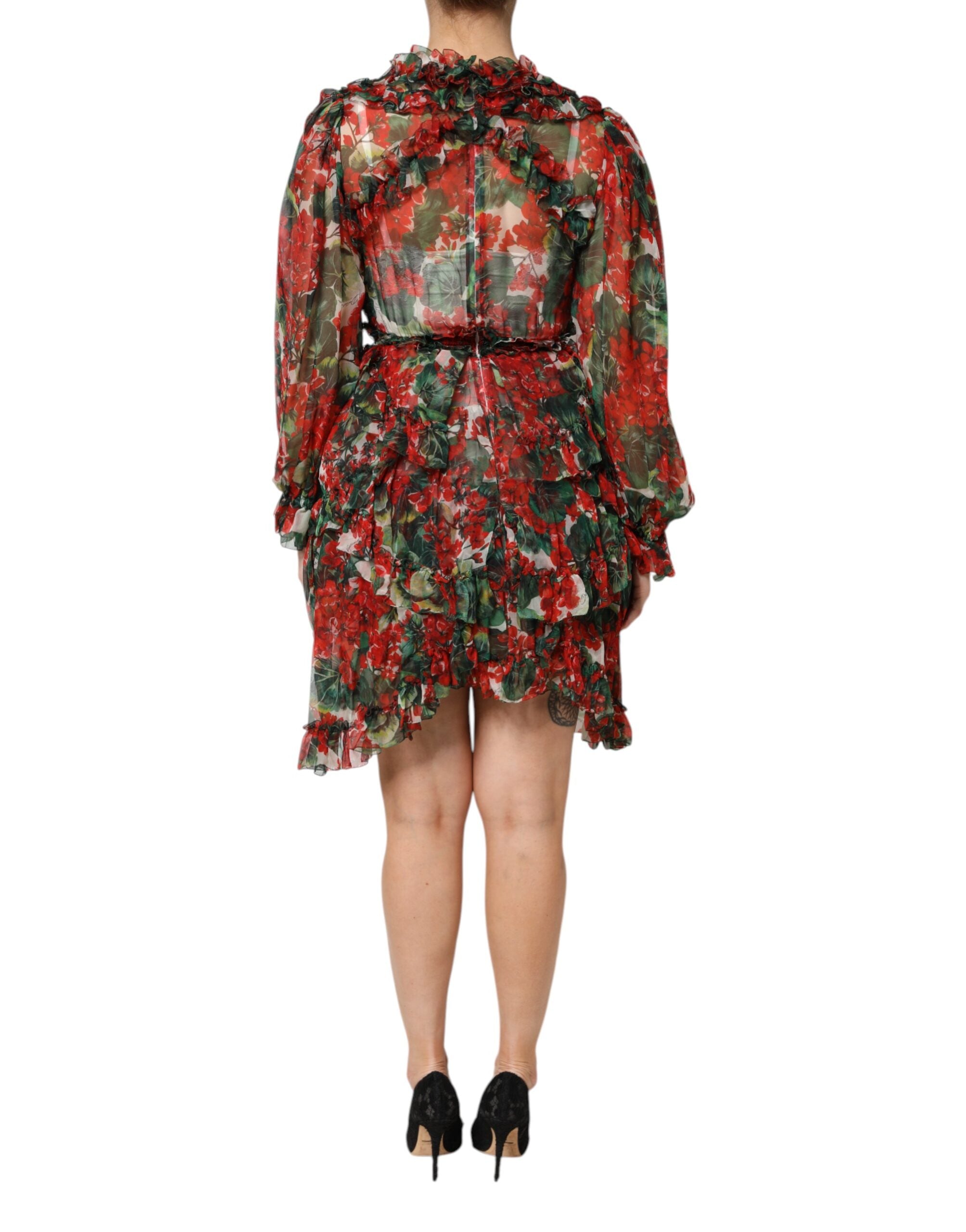 Dolce &amp; Gabbana – Mehrfarbiges Kleid mit Rüschen und Blumenmuster und langen Ärmeln