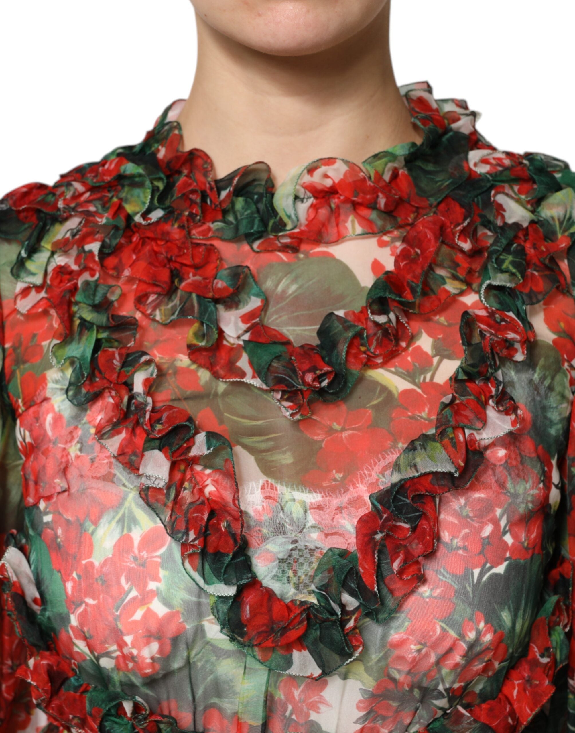 Dolce &amp; Gabbana – Mehrfarbiges Kleid mit Rüschen und Blumenmuster und langen Ärmeln