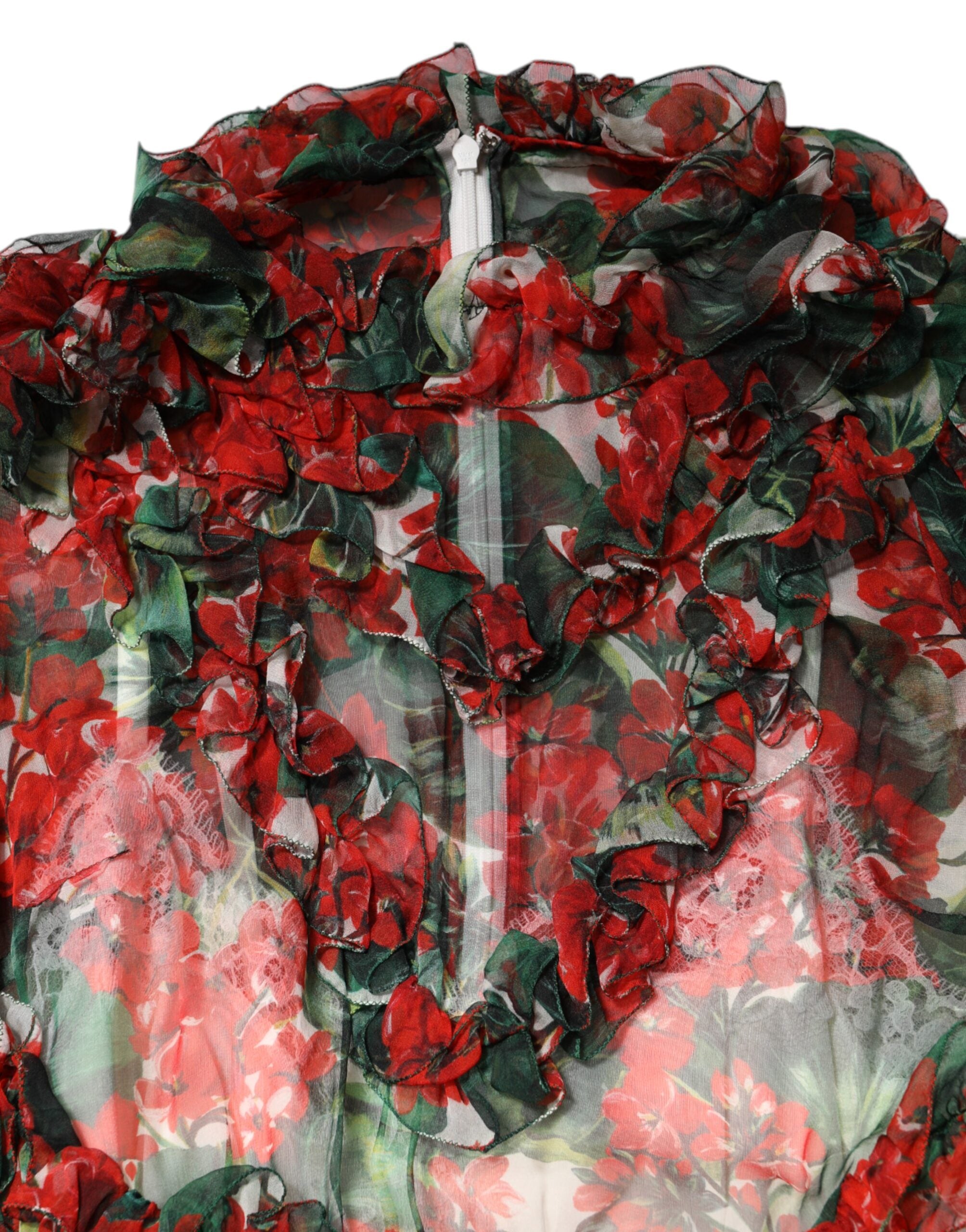 Dolce &amp; Gabbana – Mehrfarbiges Kleid mit Rüschen und Blumenmuster und langen Ärmeln