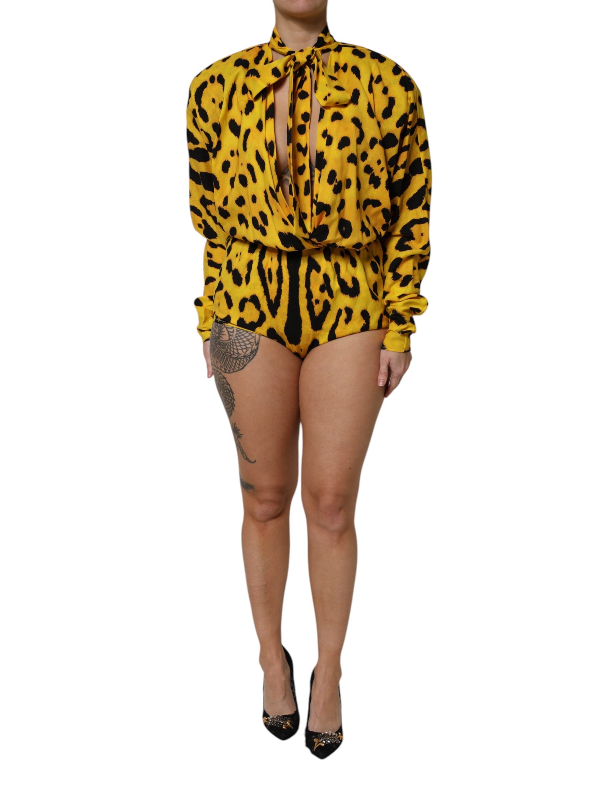 Rochie Dolce &amp; Gabbana cu mâneci lungi și imprimeu leopard galben