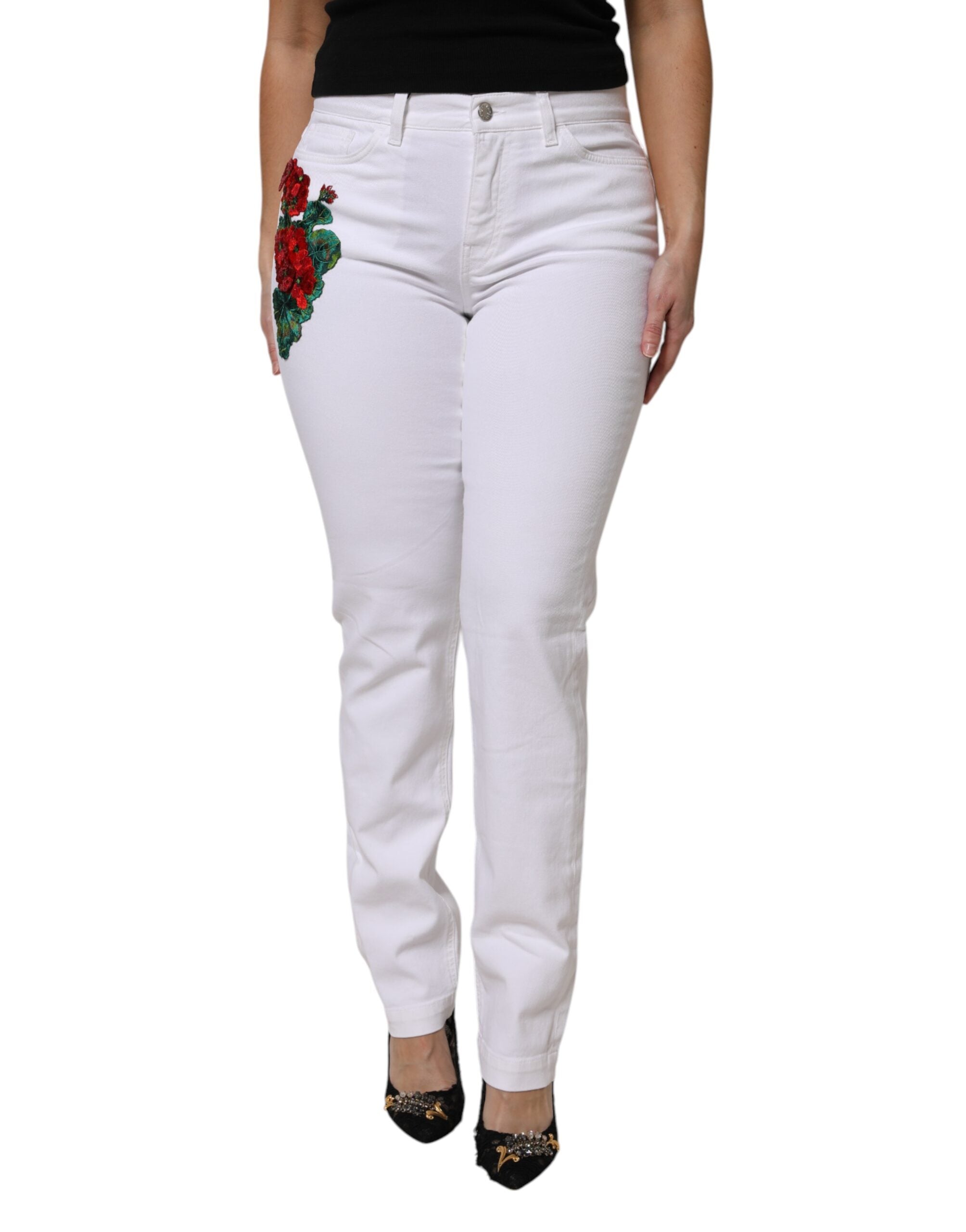 Dolce &amp; Gabbana Weiße GIRLY-Jeans mit Blumen-Pailletten