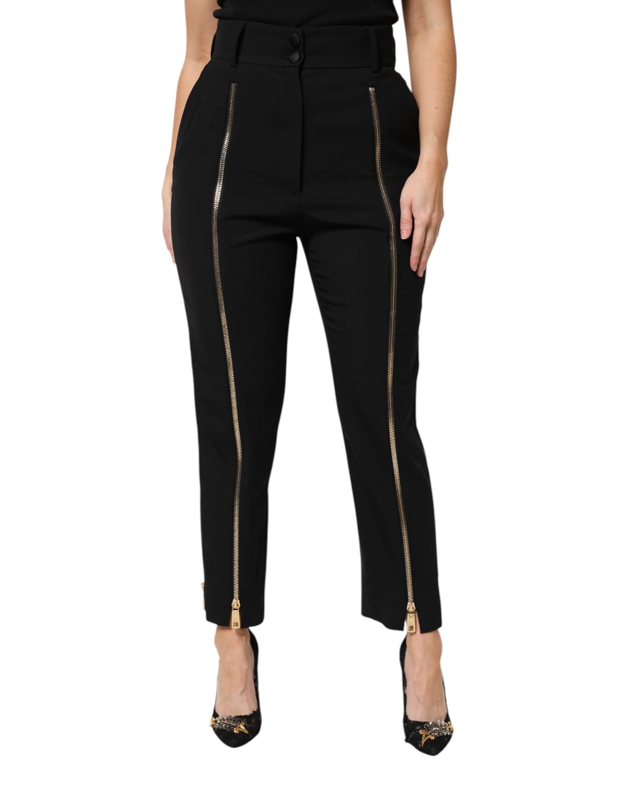 Dolce &amp; Gabbana – Karottenhose aus schwarzer Wolle mit hoher Taille und Reißverschluss