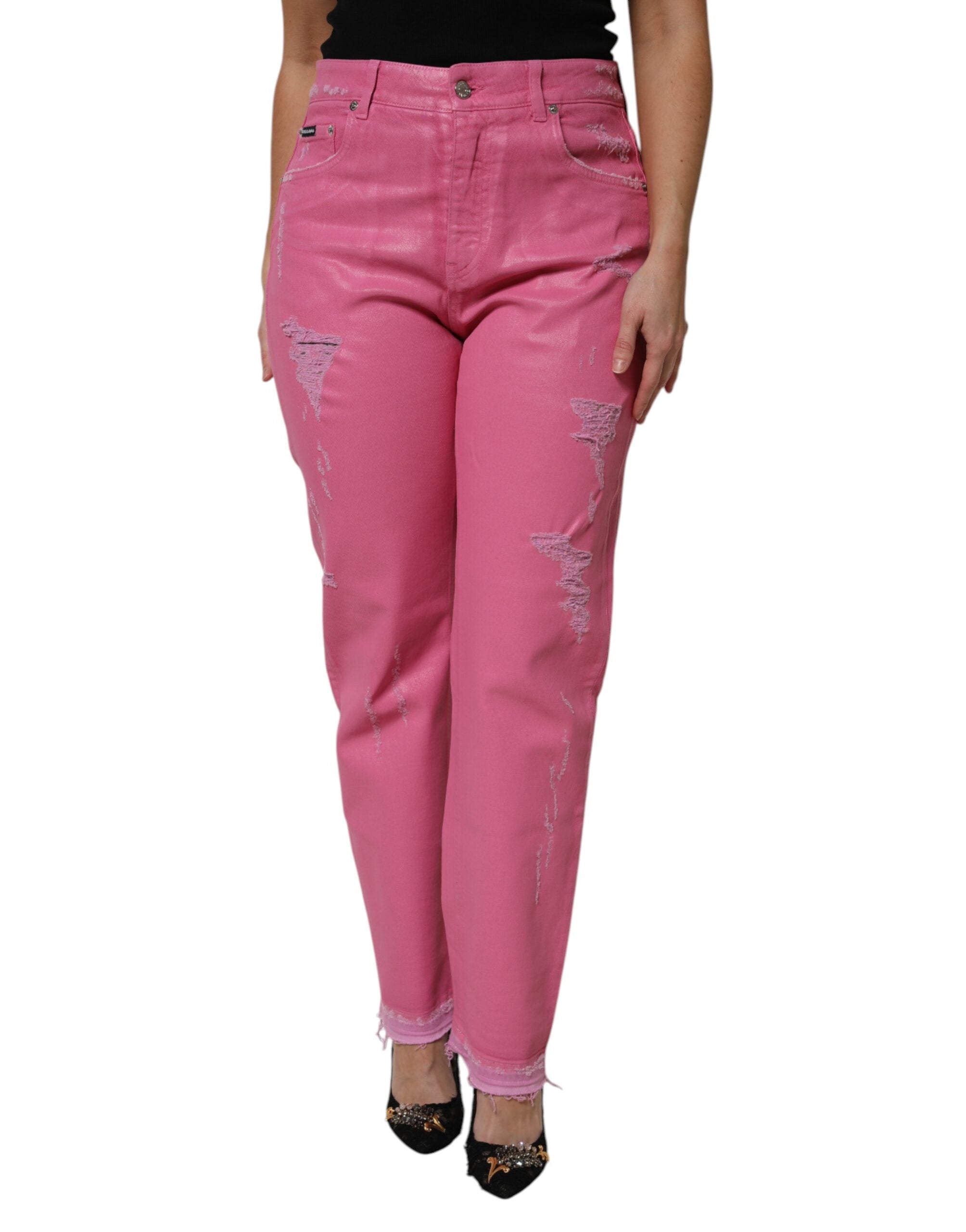 Dolce &amp; Gabbana – Zerfetzte, konisch zulaufende Jeans aus Denim mit mittlerer Taille in Rosa
