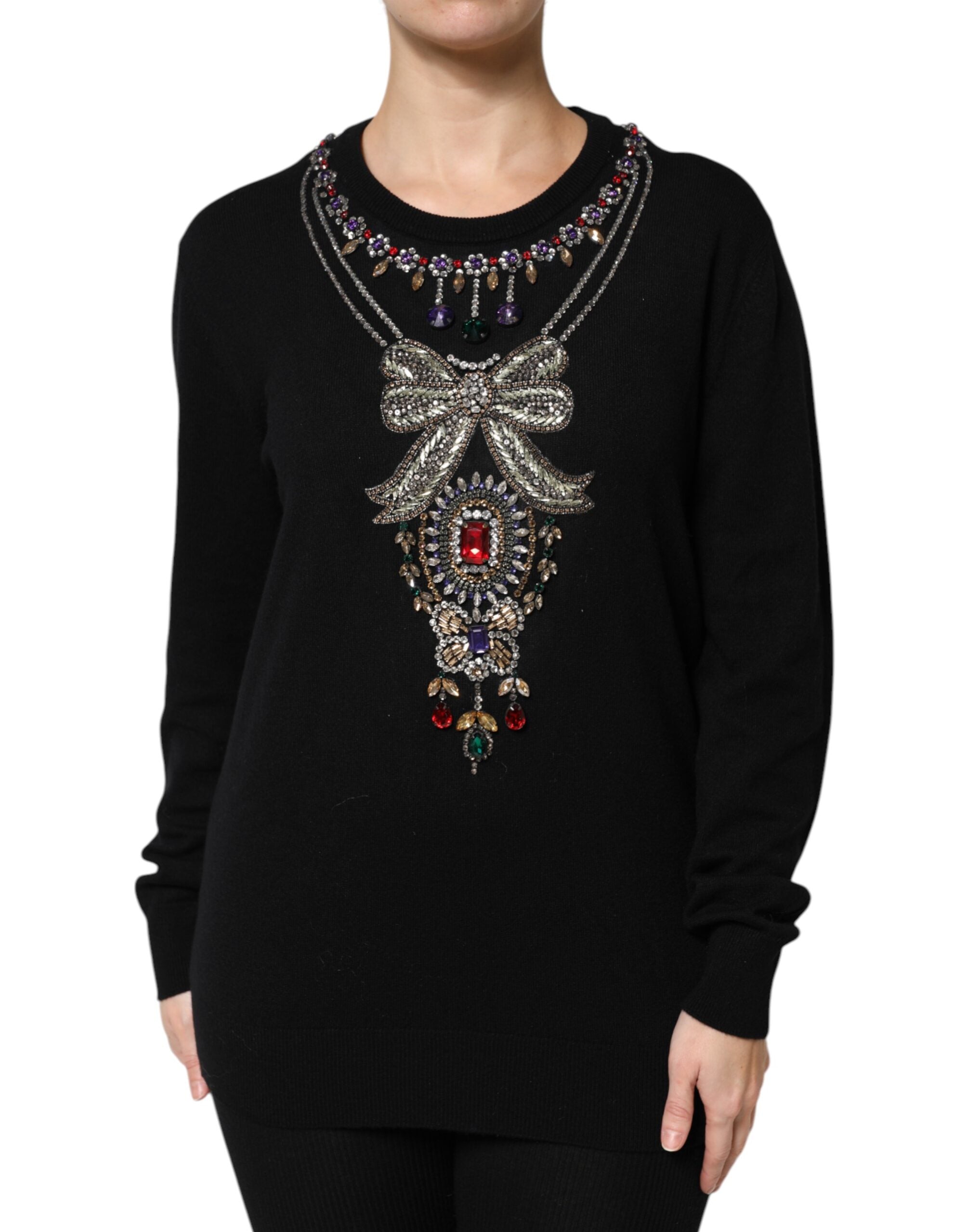 Dolce &amp; Gabbana Schwarzer Kaschmirpullover mit Kristallverzierung