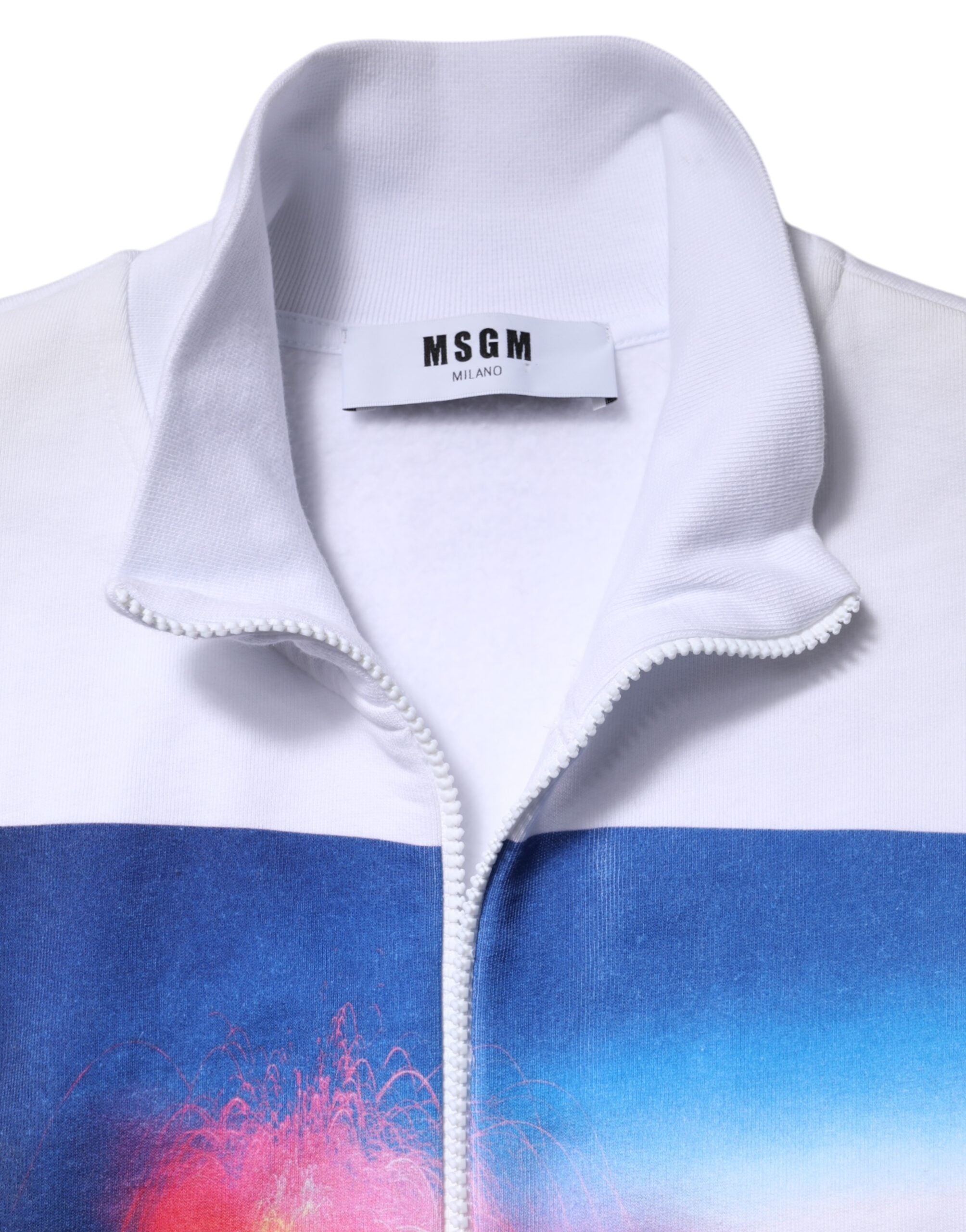 MSGM – Weiße Bomberjacke aus Baumwolle mit Grafikdruck und langen Ärmeln und durchgehendem Reißverschluss