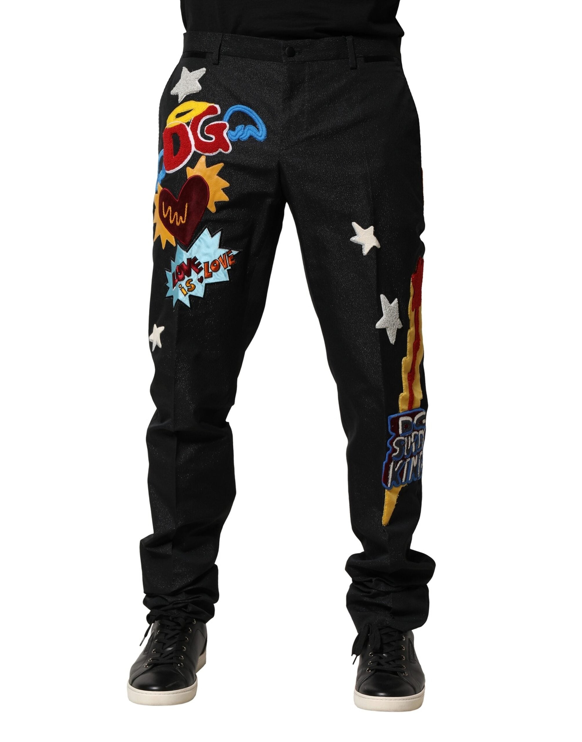 Pantaloni Dolce &amp; Gabbana negri cu broderie grafică pentru bărbați