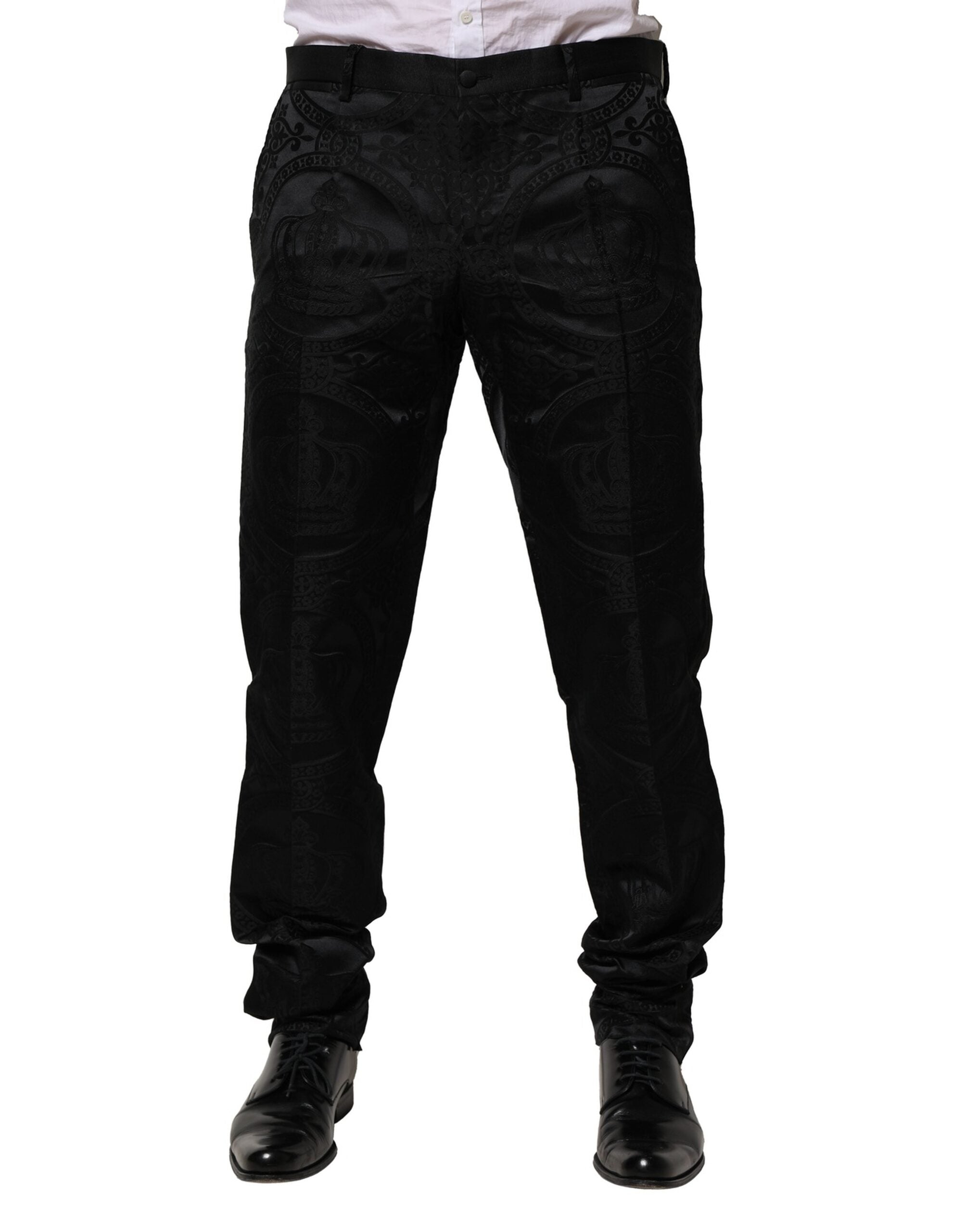 Pantaloni eleganti Dolce &amp; Gabbana negri din bumbac DG Crown