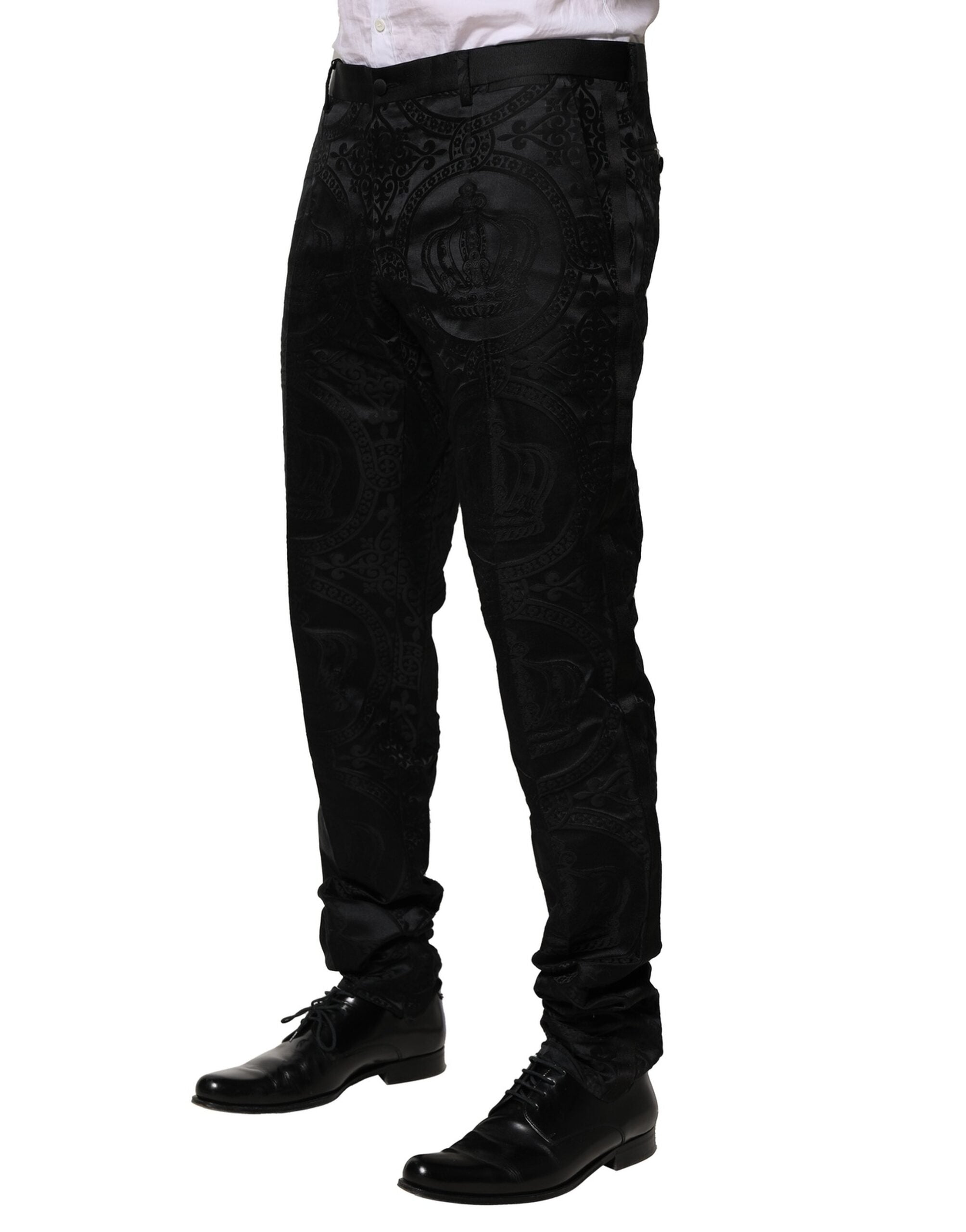 Pantaloni eleganti Dolce &amp; Gabbana negri din bumbac DG Crown