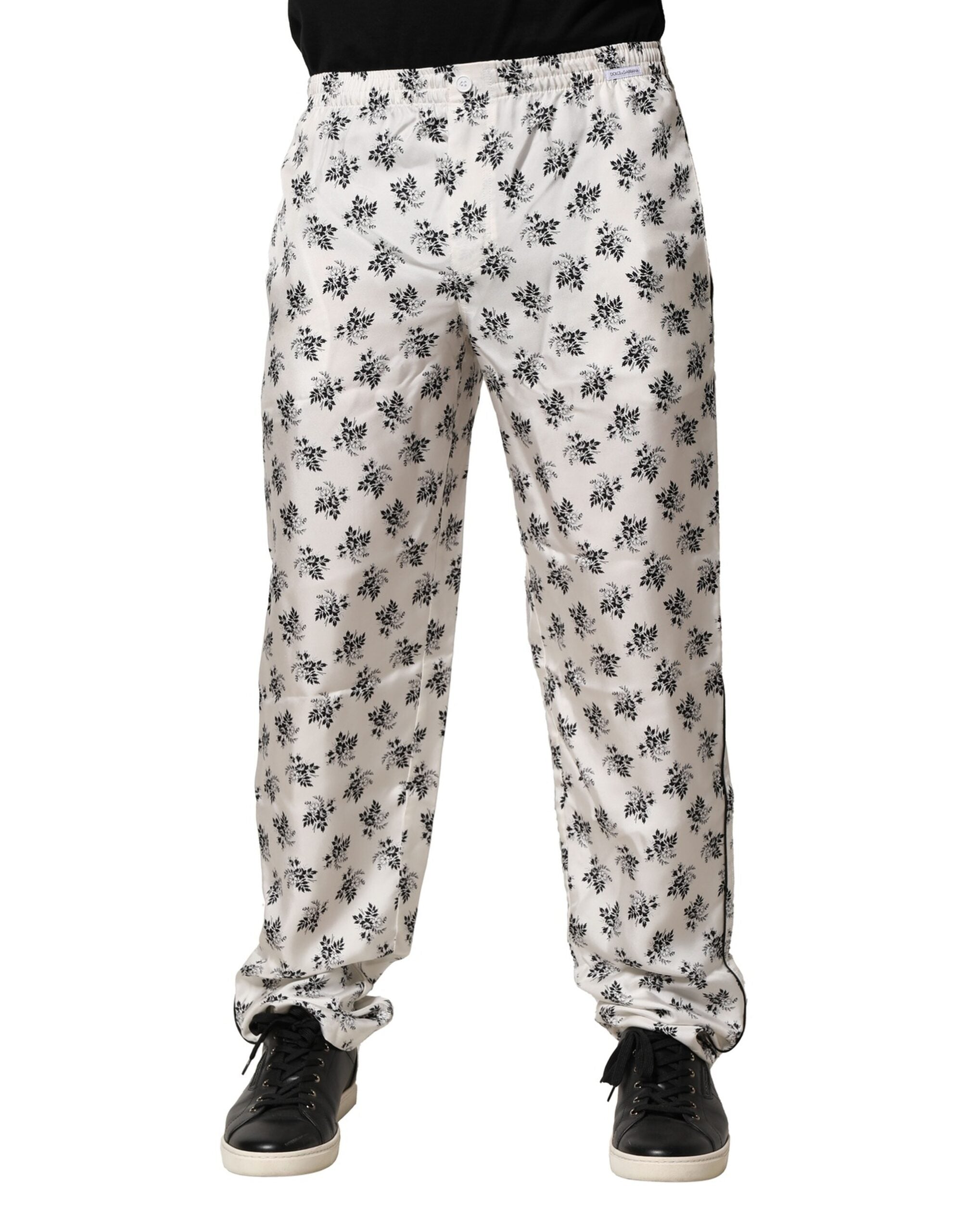 Pantaloni sport casual din mătase albă cu imprimeu floral Dolce &amp; Gabbana