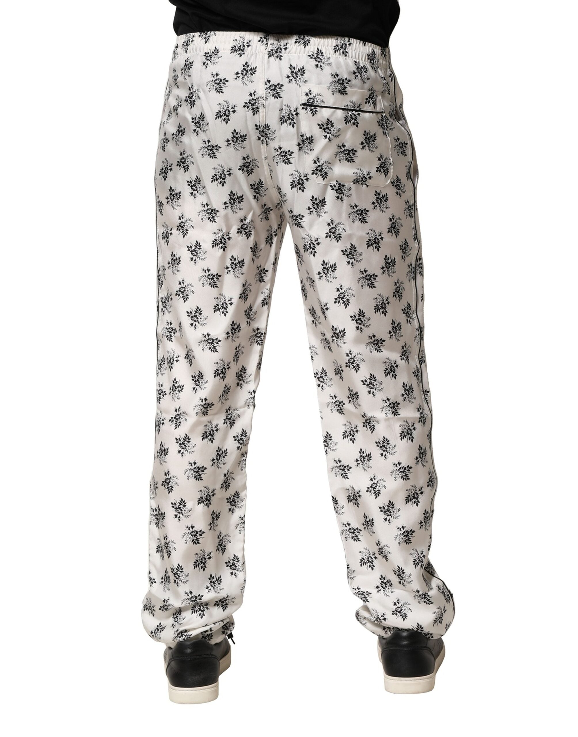 Pantaloni sport casual din mătase albă cu imprimeu floral Dolce &amp; Gabbana