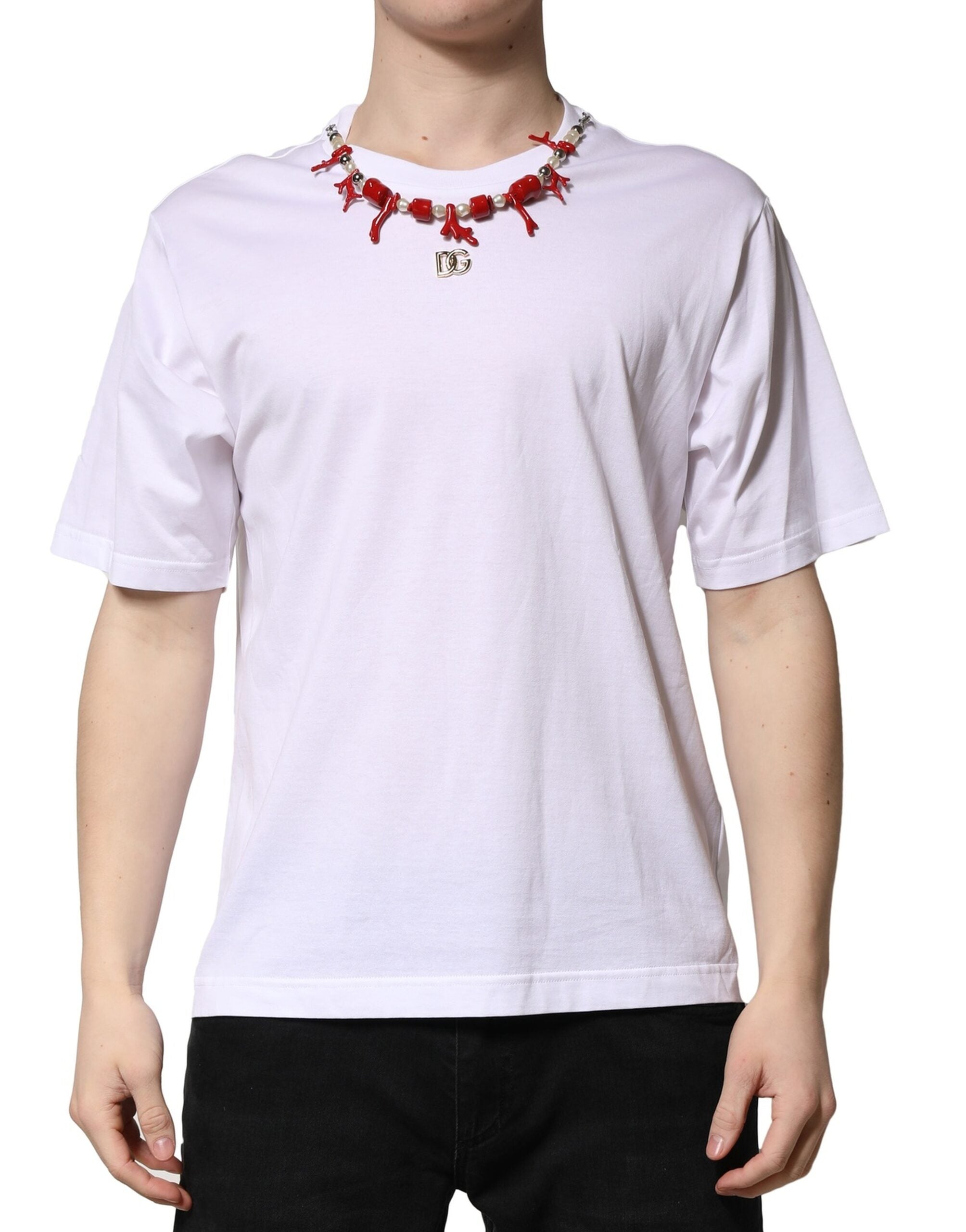 Dolce &amp; Gabbana – Weißes, verziertes T-Shirt aus Baumwolle mit Rundhalsausschnitt