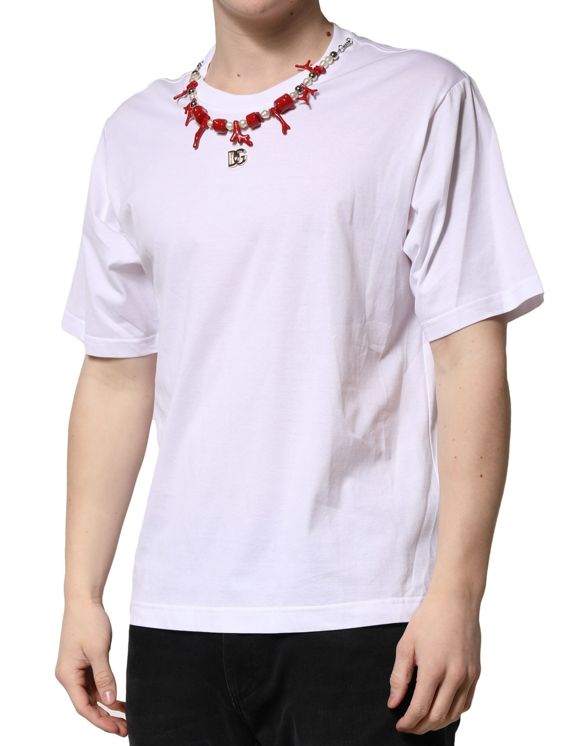 Dolce &amp; Gabbana – Weißes, verziertes T-Shirt aus Baumwolle mit Rundhalsausschnitt