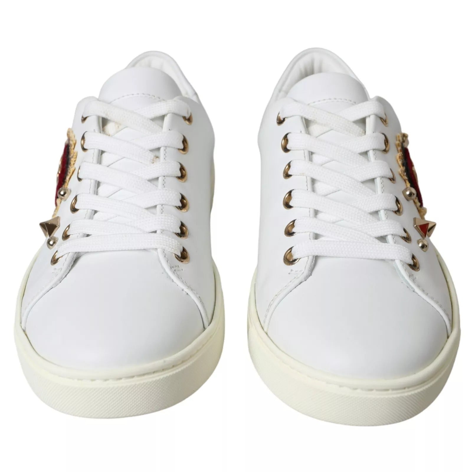 Dolce &amp; Gabbana Weiße Leder Gold Rote Herz Sneakers Schuhe
