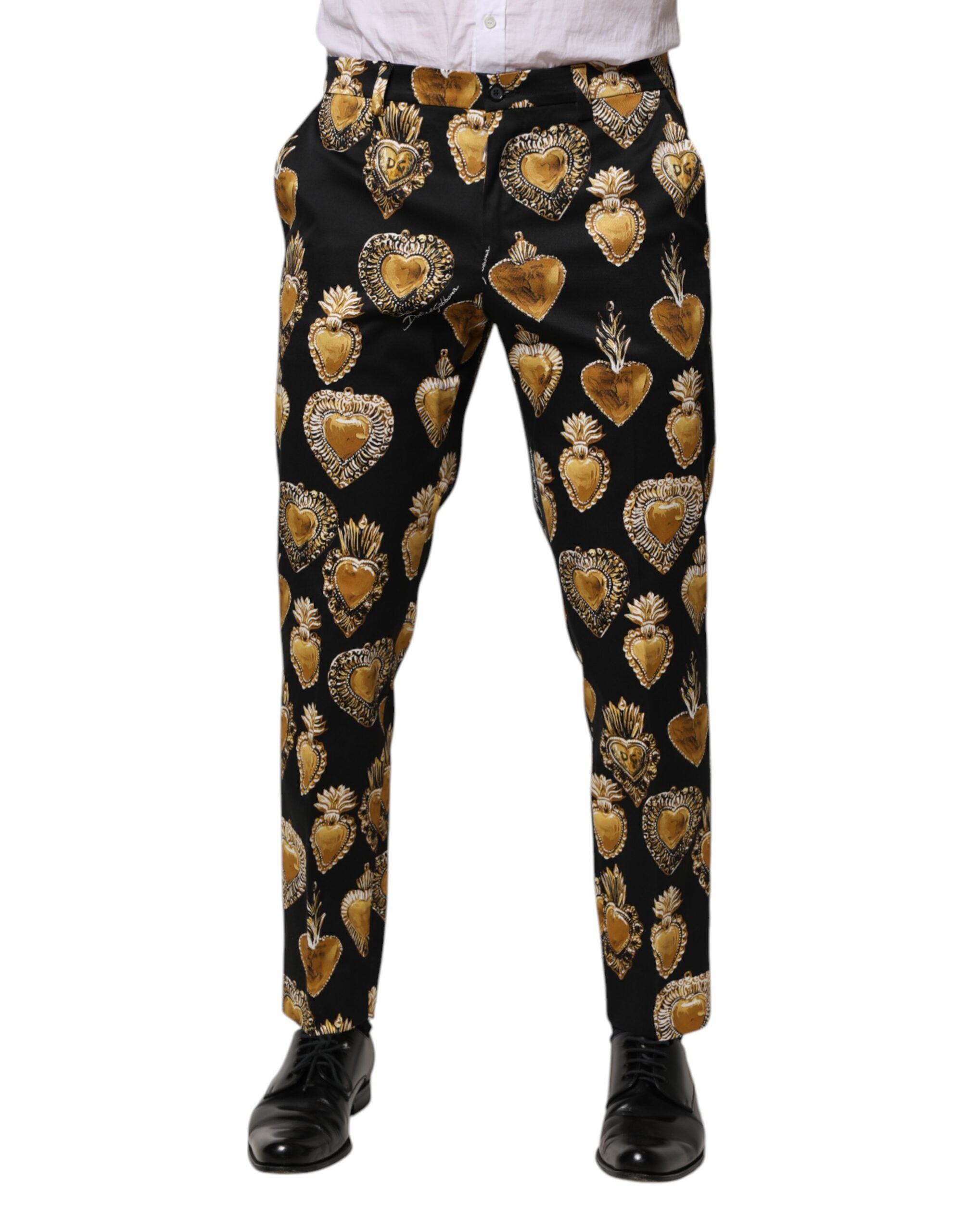 Pantaloni Dolce &amp; Gabbana Negri și Aurii cu Imprimeu de Inimă Sacră