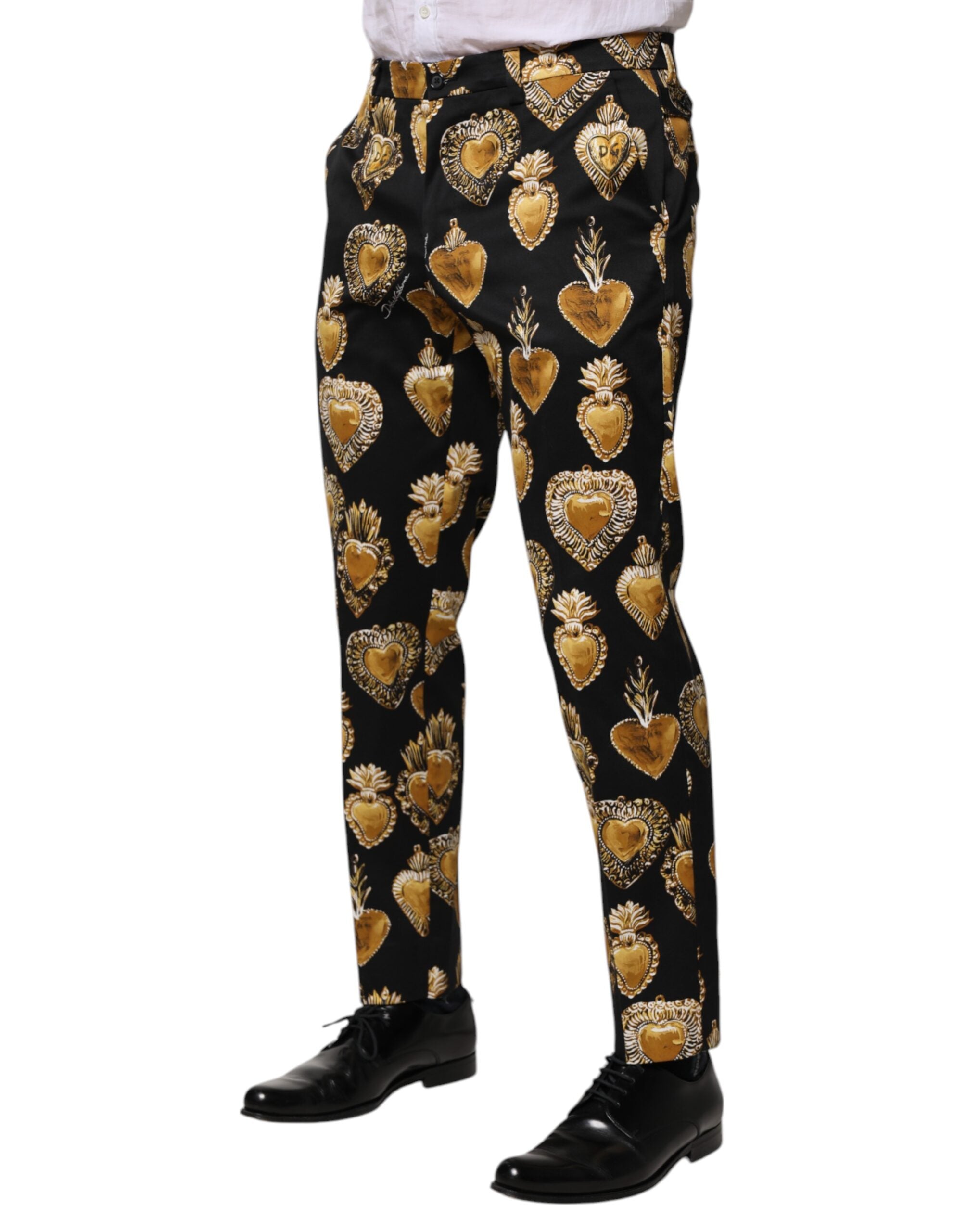 Pantaloni Dolce &amp; Gabbana Negri și Aurii cu Imprimeu de Inimă Sacră