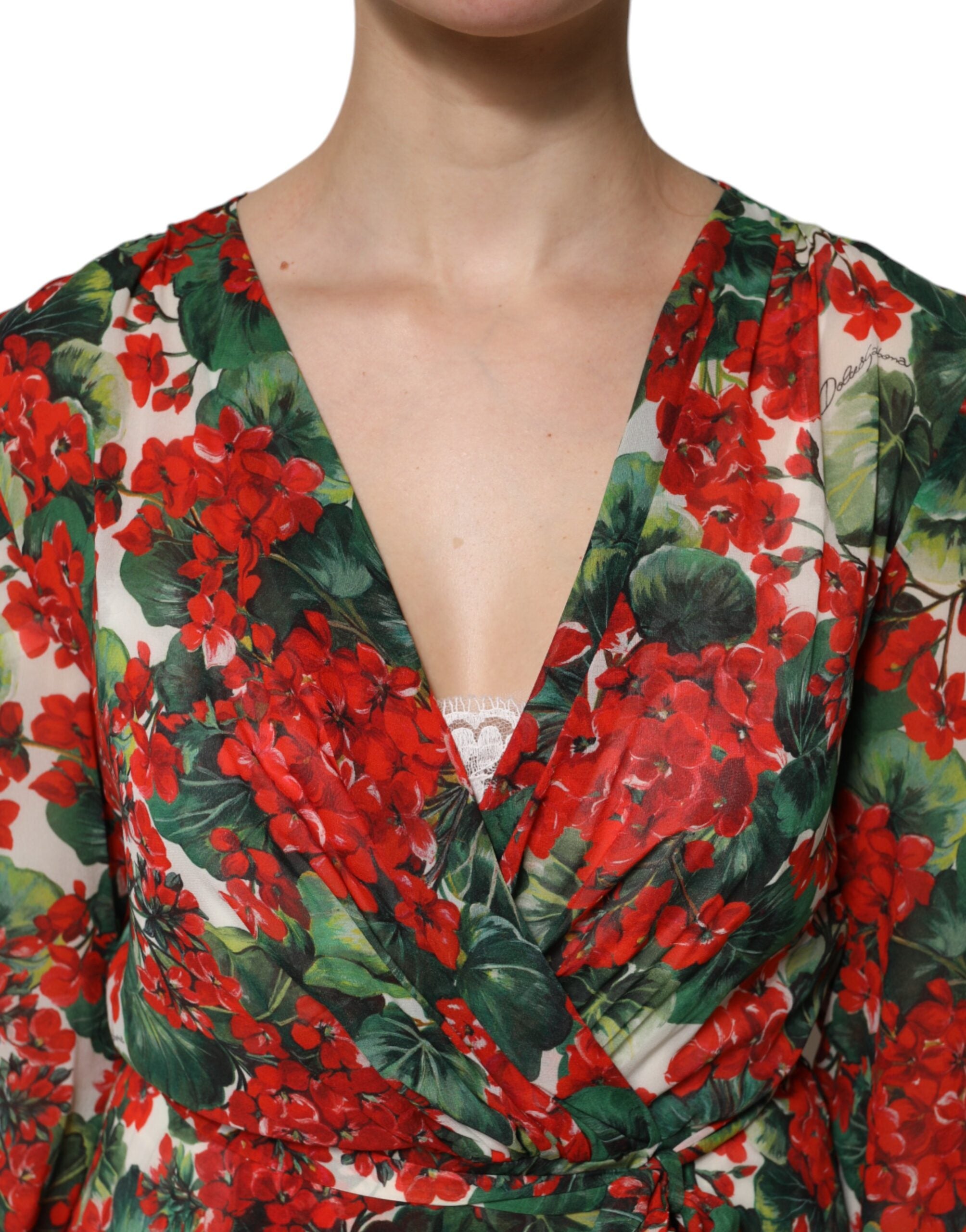 Rochie Dolce &amp; Gabbana cu imprimeu floral multicolor și mâneci lungi și decolteu în V
