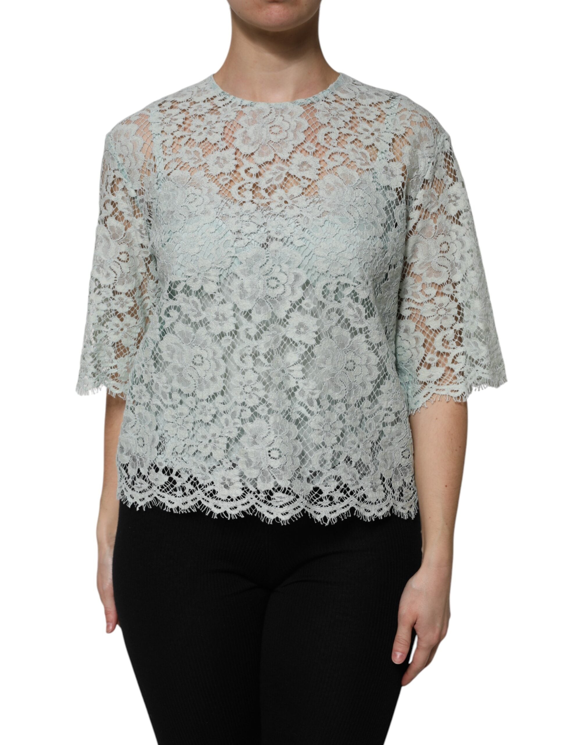 Dolce &amp; Gabbana – Mintgrünes Baumwollblusentop mit Blumenspitze