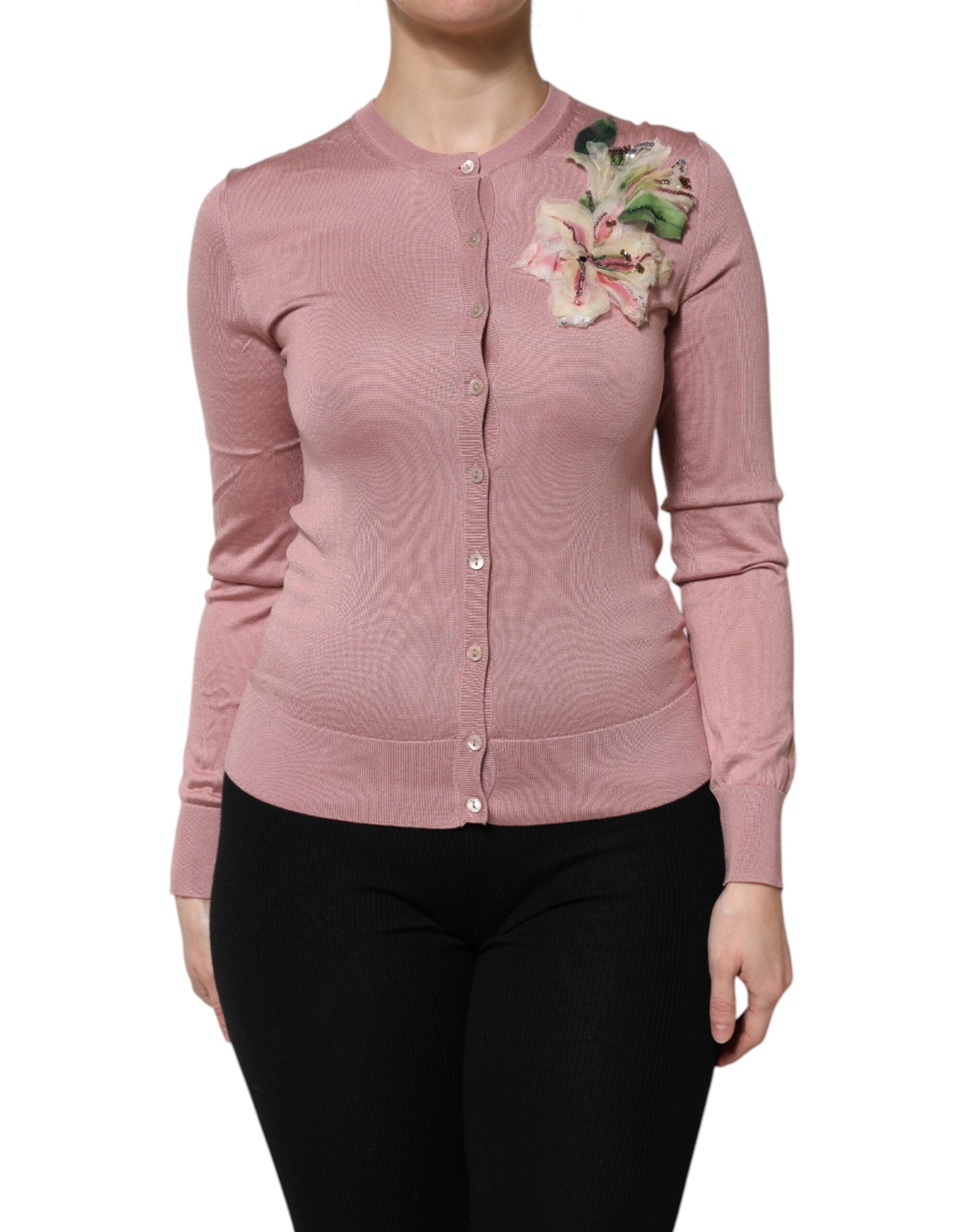 Dolce &amp; Gabbana – Rosa Strickjacke aus Seidenstrick mit Knopfleiste