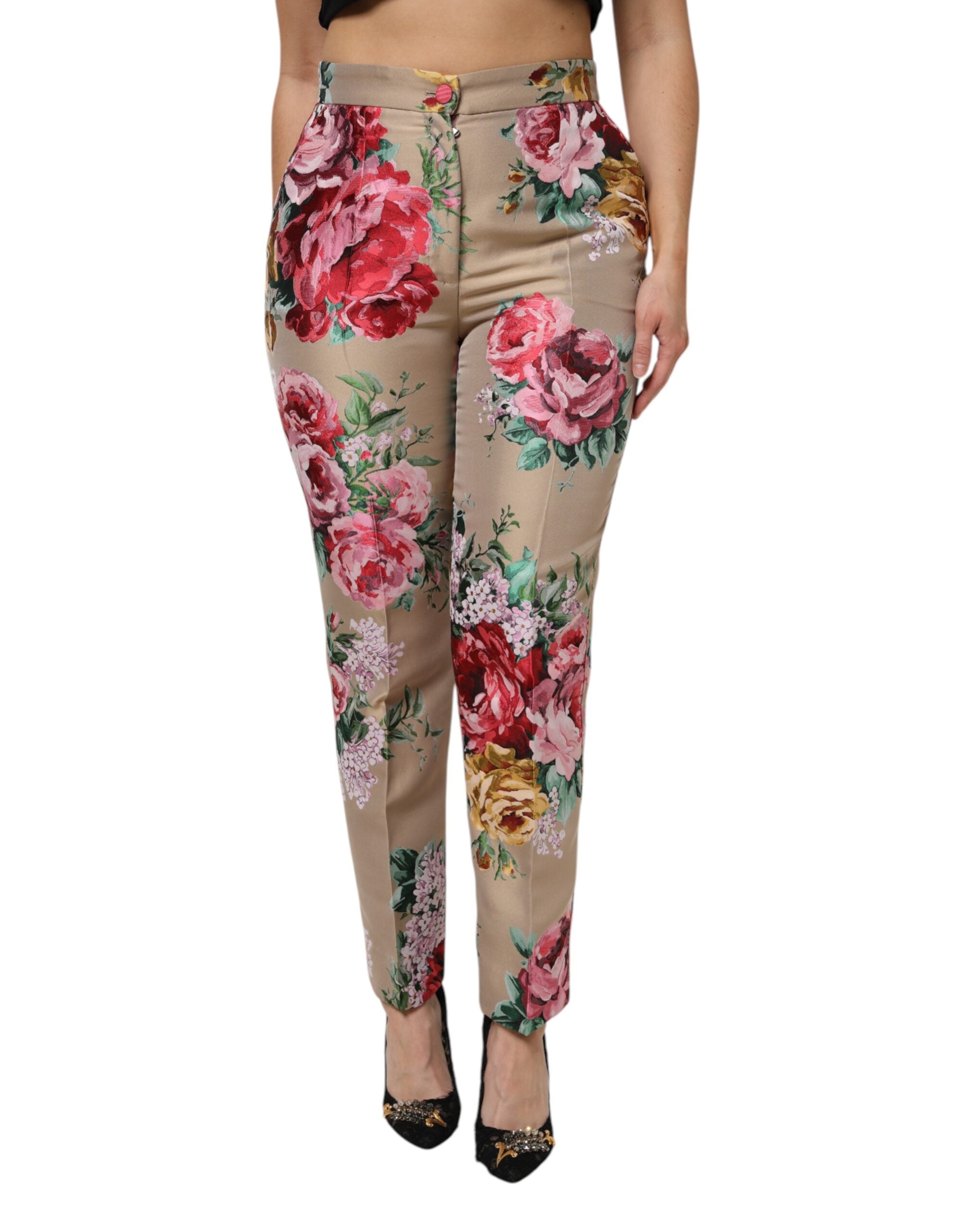 Dolce &amp; Gabbana Beige Damenhose mit Blumenmuster und hoher Taille