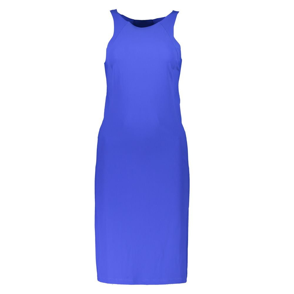 Rochie elegantă Patrizia Pepe albastră cu guler rotund și detaliu cu logo