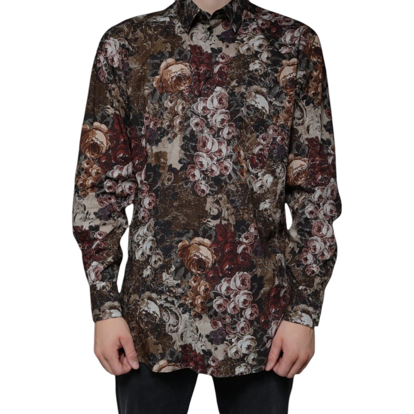 Dolce &amp; Gabbana Herrenhemd aus Baumwolle mit mehrfarbigem Blumenmuster in Gold