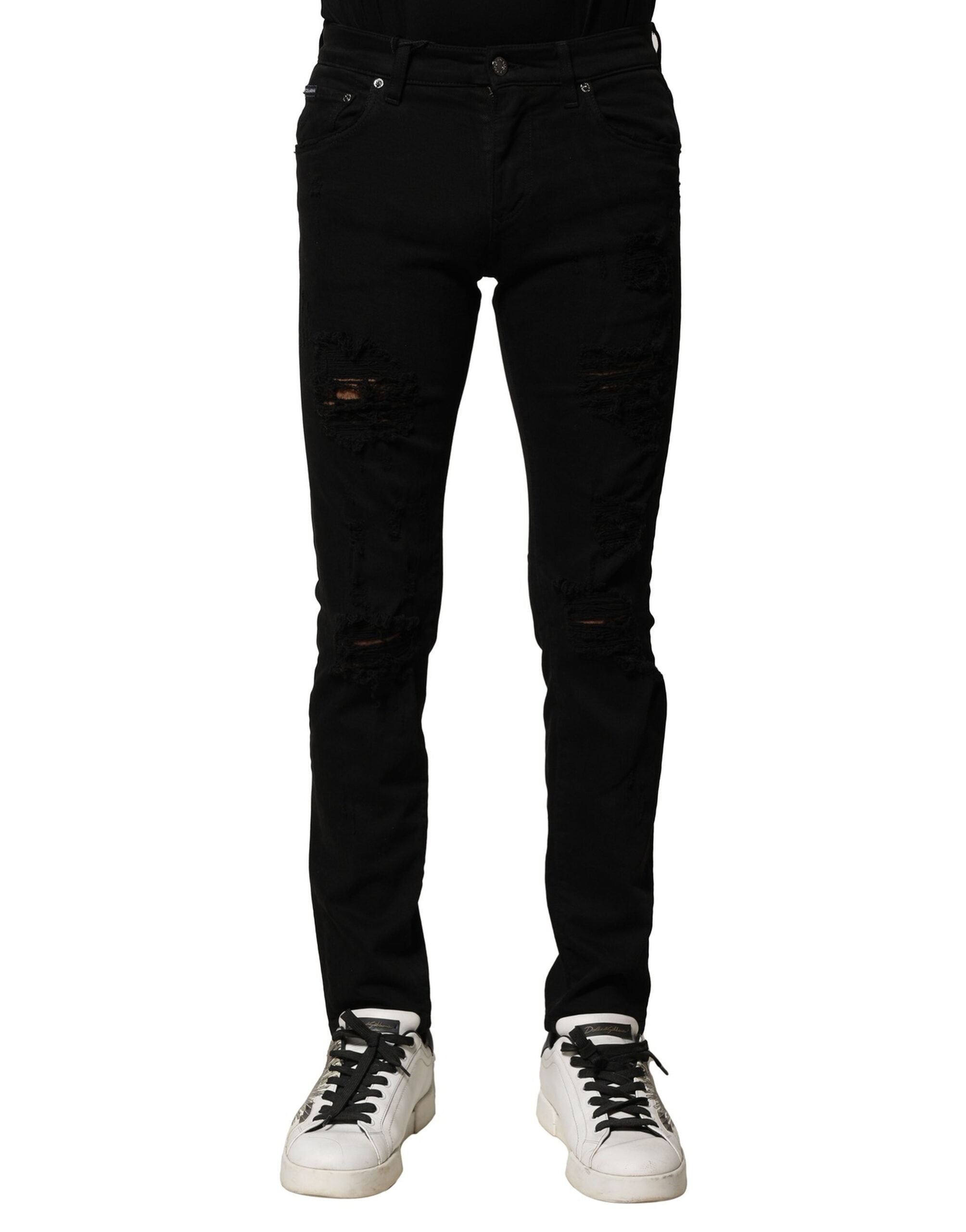 Dolce & Gabbana Black Cotton Logo Plaque Slim Denim Jeans